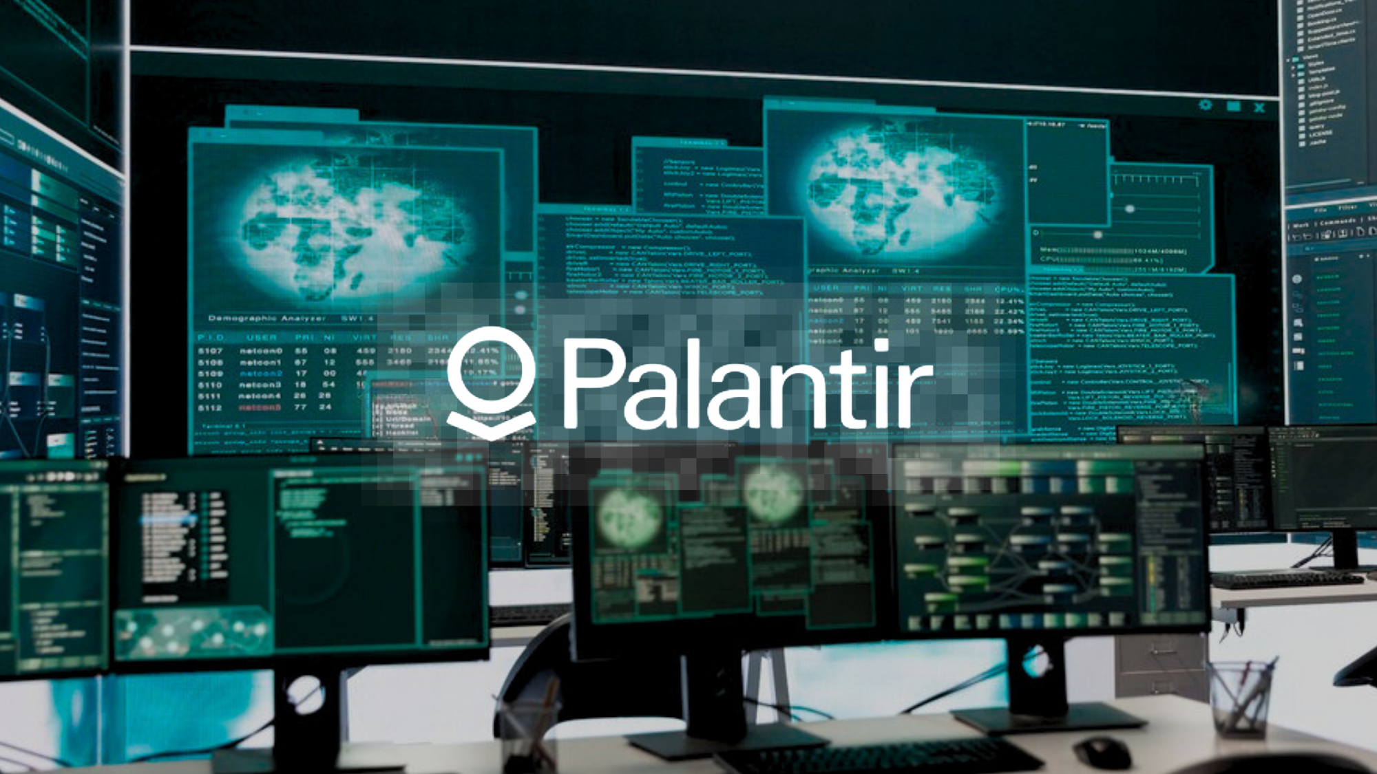 Palantir logo against a backdrop of cyber defense technology.
