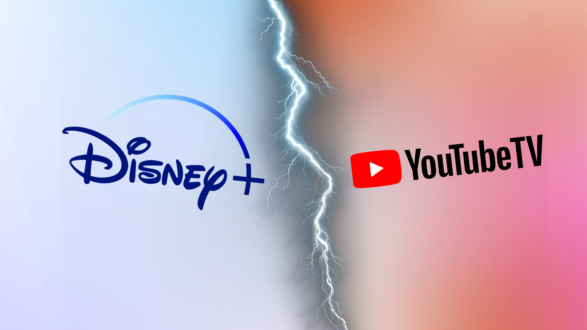 Disney+ and YouTube TV logos separated by lightning, representing conflict.