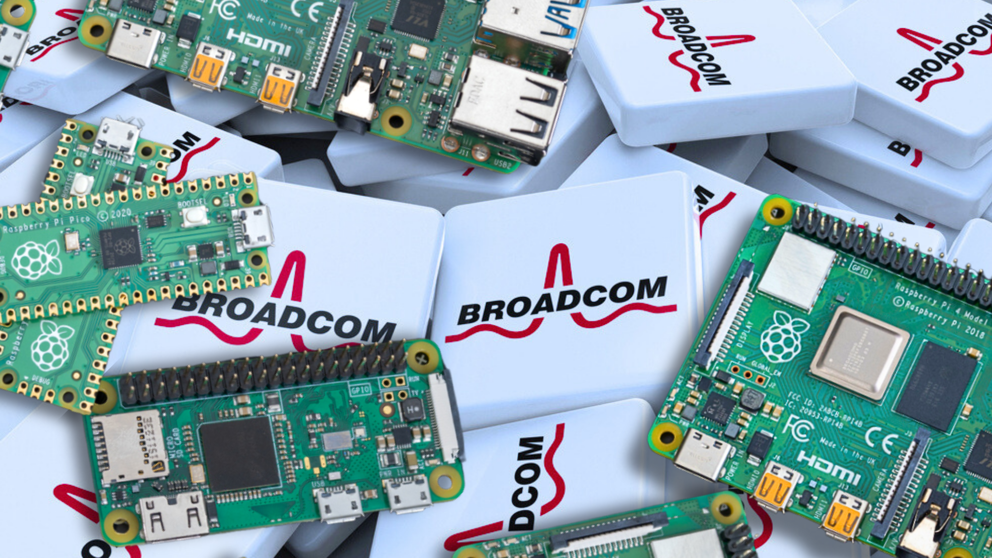 Circuit boards are arranged over multiple Broadcom logos, highlighting semiconductor chip market dynamics.