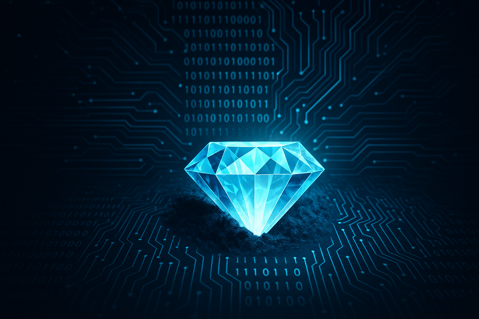 Glowing blue diamond on a digital circuit board conveys a “hidden gem,” highlighting undervalued high-tech assets.