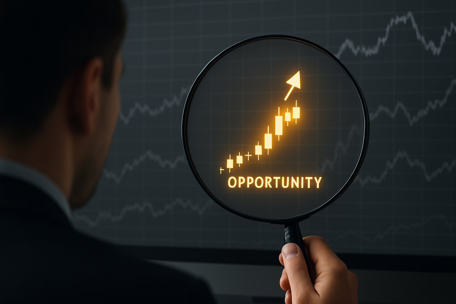 A man in a suit is examining a rising candlestick chart labeled “Opportunity” through a magnifying glass against a backdrop of fluctuating market graphs.