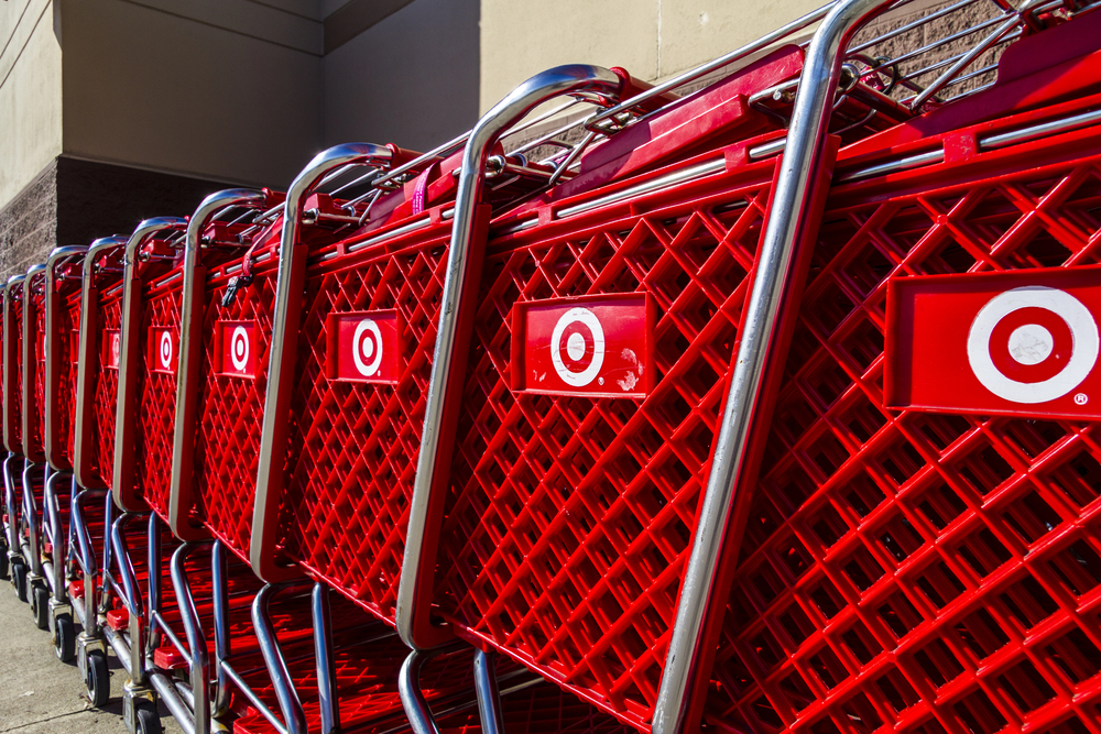 A row of Target shopping carts. 