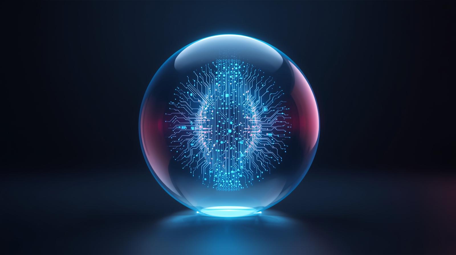 A glowing digital sphere with circuit patterns reflects mounting concerns over an AI bubble in overheated tech markets.