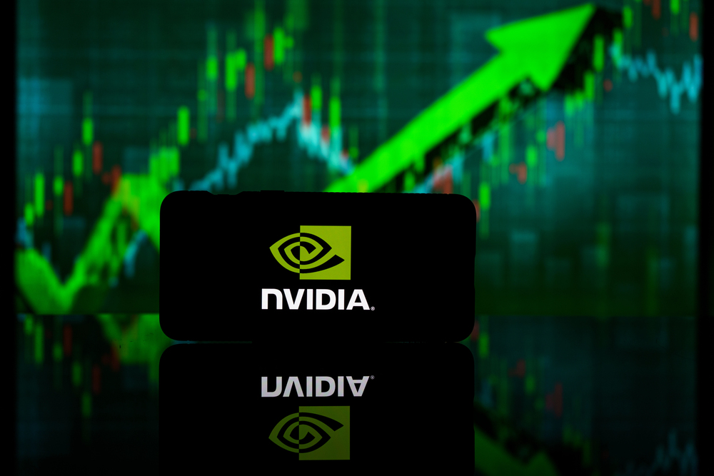 NVIDIA logo positioned in front of rising stock chart.