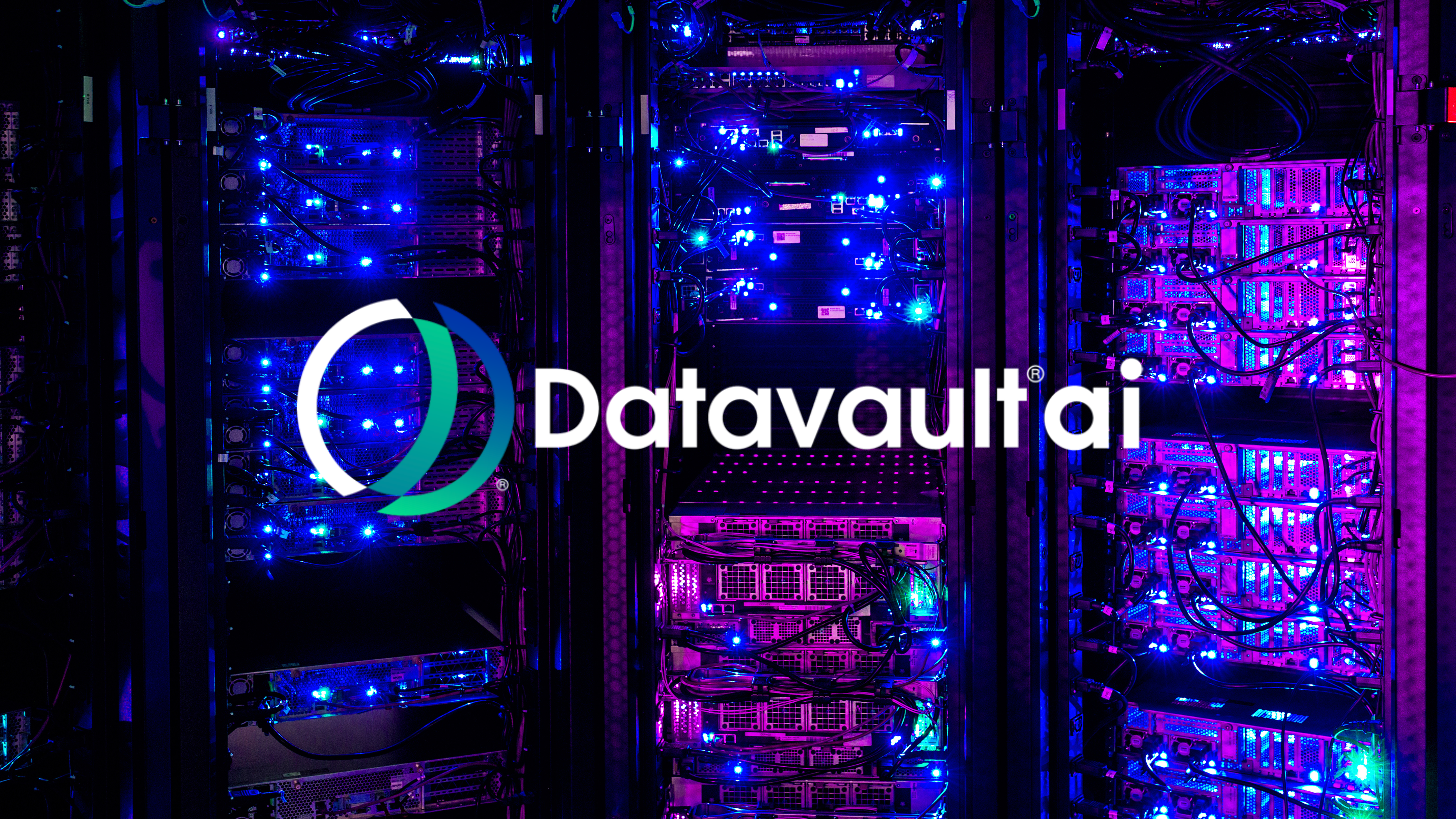 Datavault.ai logo over illuminated server room