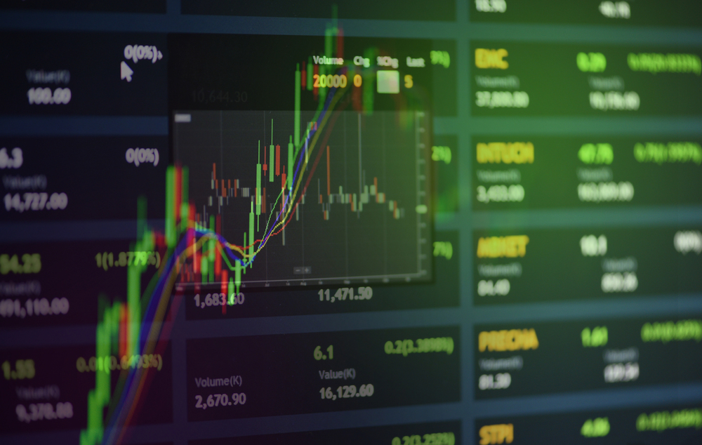 Stock market screen with candlestick chart and financial data.