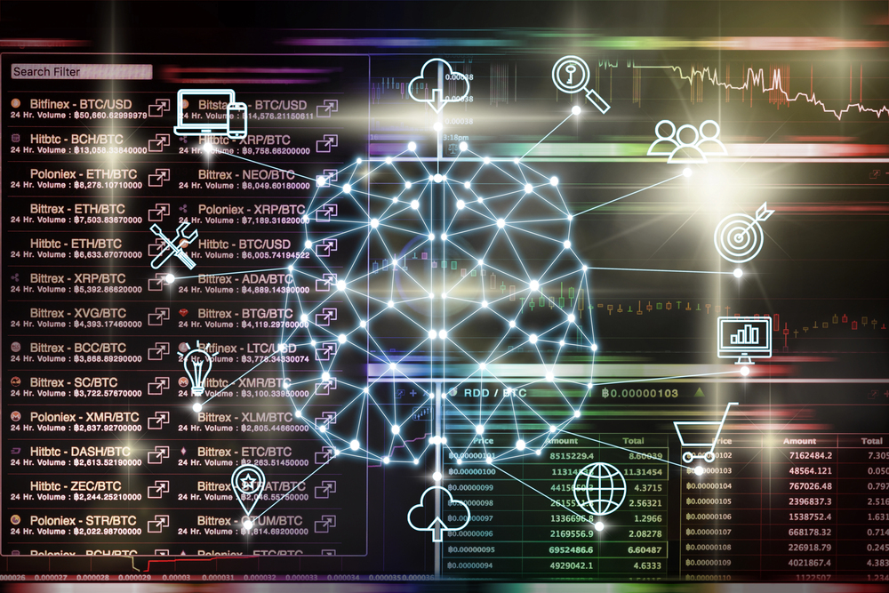 AI brain graphic over a cryptocurrency and IoT-themed trading screen.