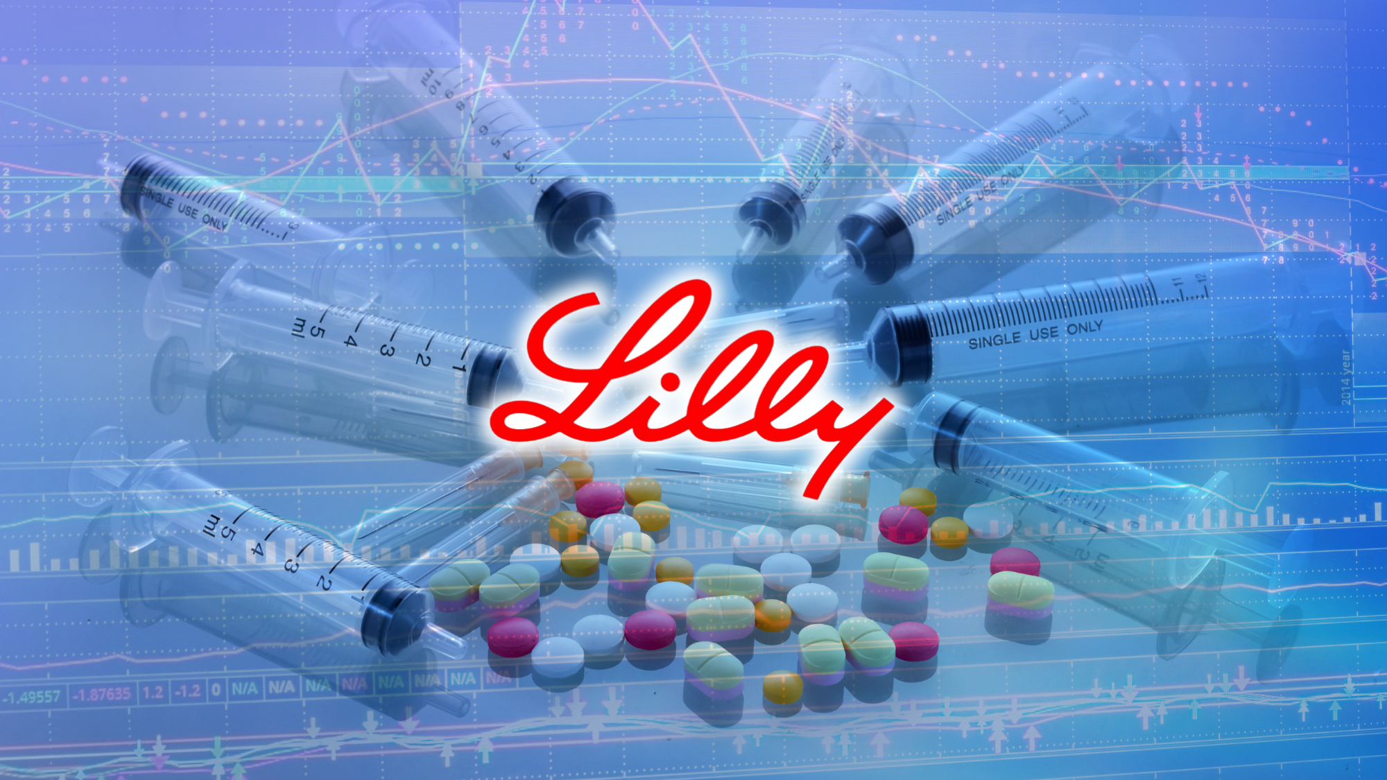 Eli Lilly logo positioned in front of pills and injections.
