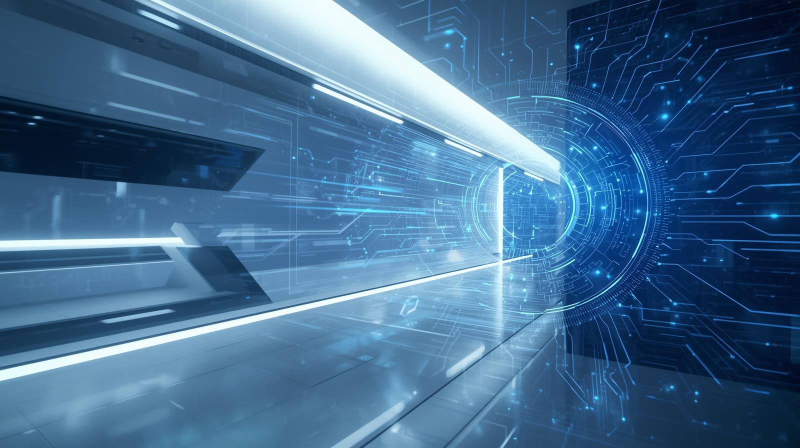Futuristic digital tunnel with glowing circuitry underscores emerging AI stocks’ growth potential amid market volatility.
