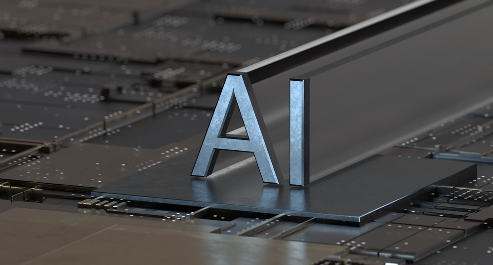 Internal workings of a computer situated behind the word "AI."