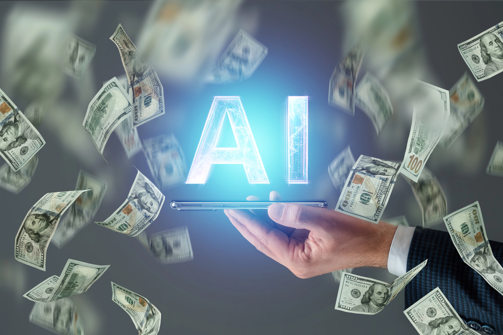 Hundred dollar bills surrounding a smartphone projecting a hologram that reads 