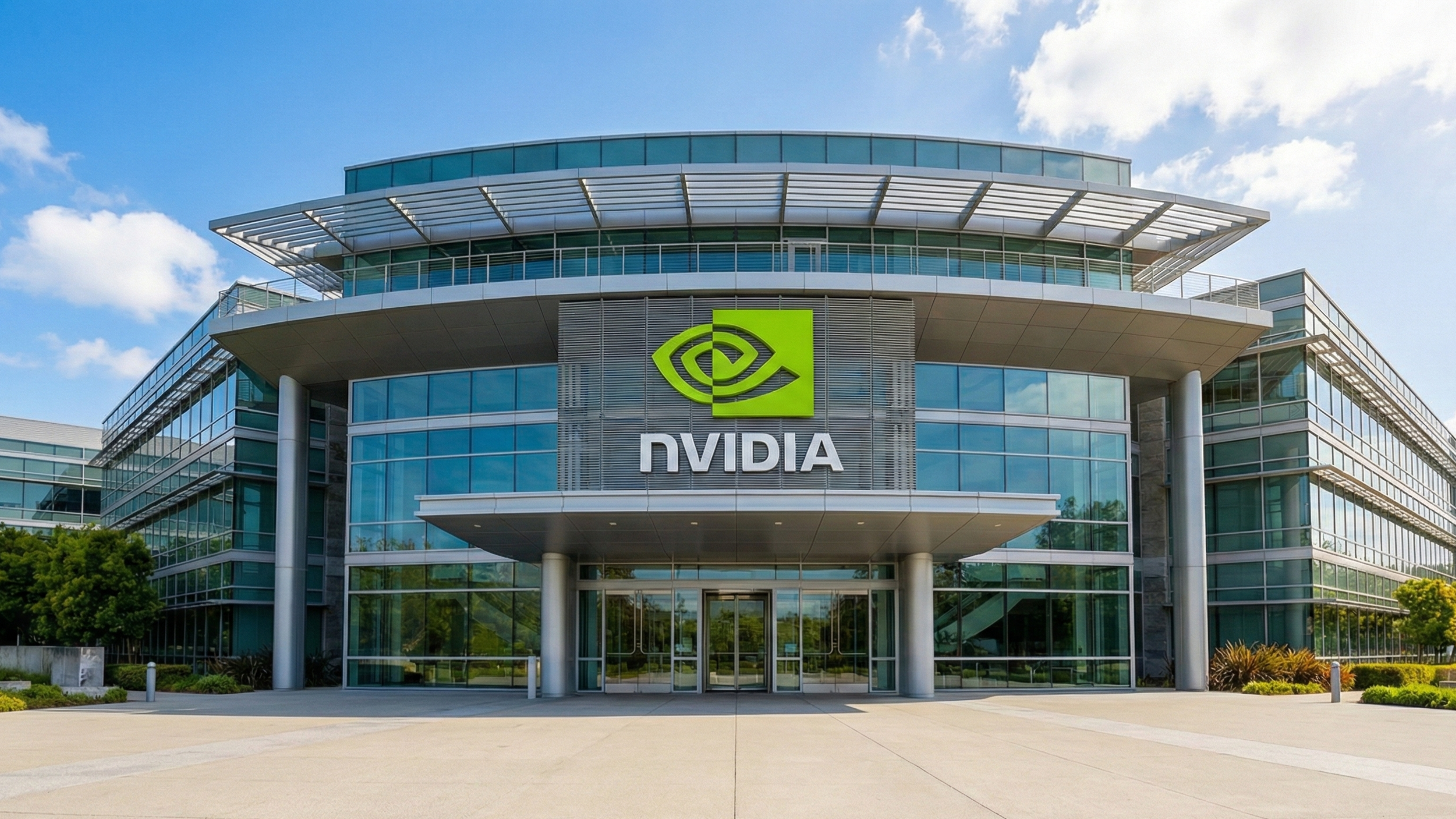 NVIDIA headquarters building exterior with prominent logo.