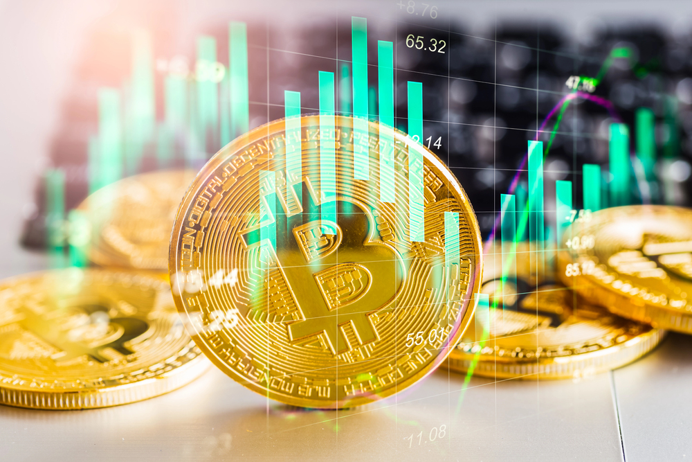Composite image of Bitcoin and a rising stock chart.