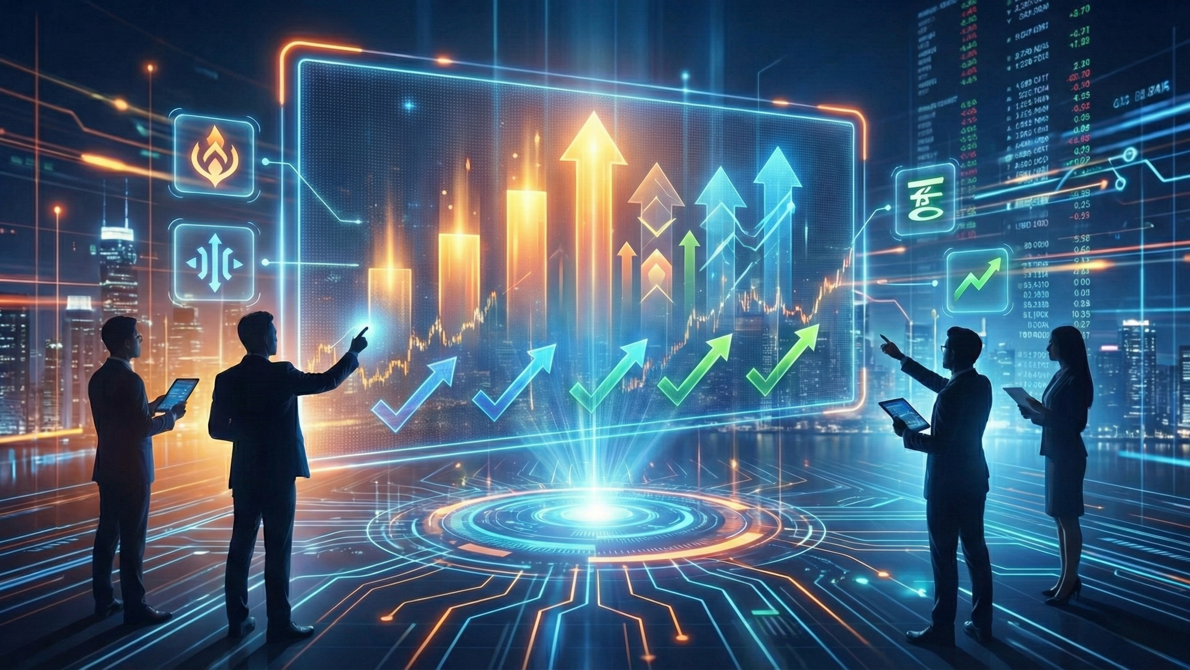 Silhouetted professionals analyze a glowing holographic chart featuring rising arrows.