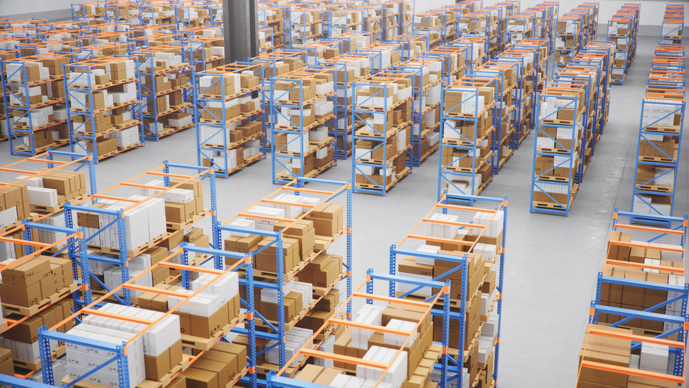High vantage point view of an orderly warehouse.