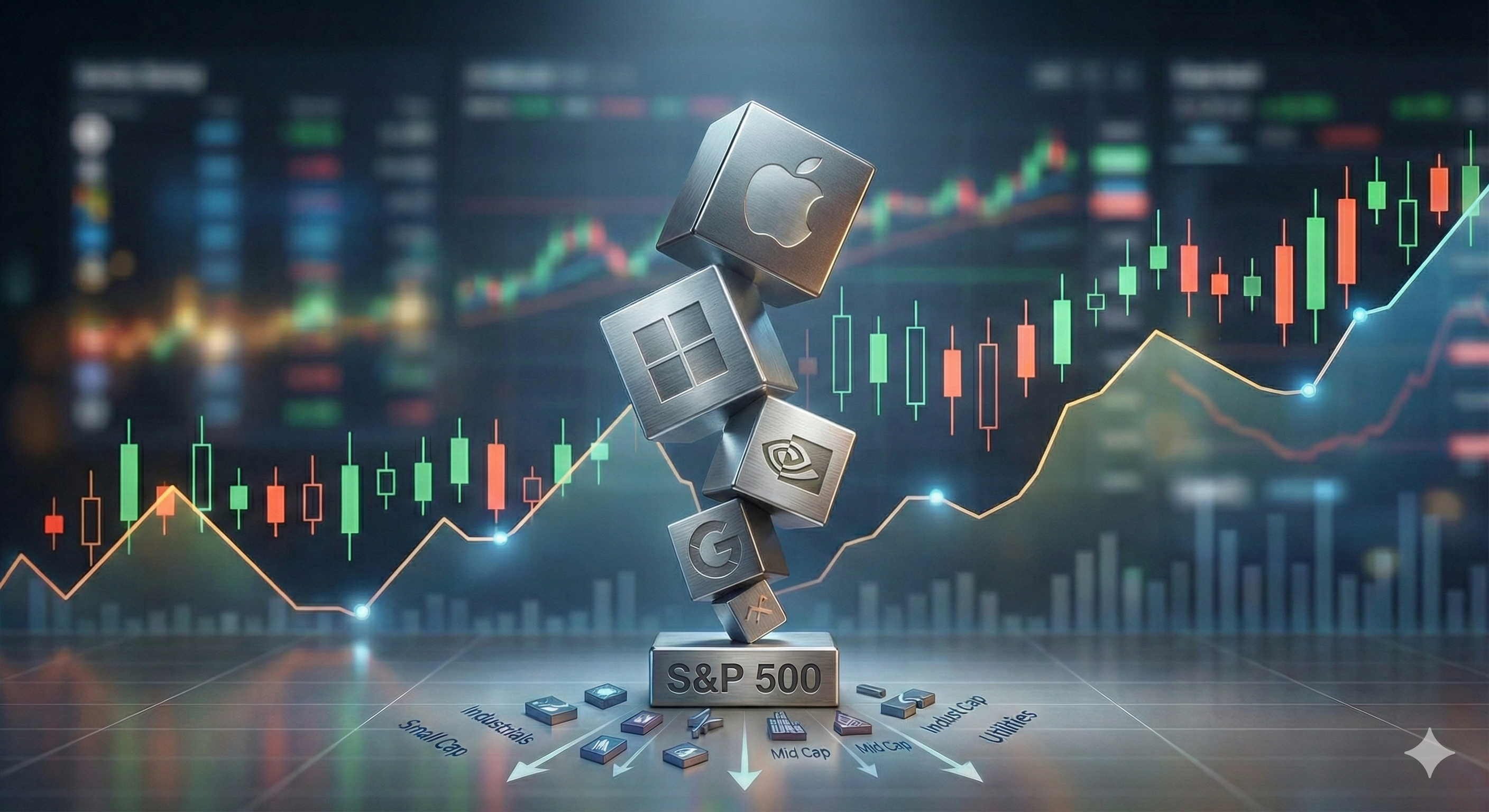 A towering stack of oversized tech company logos (NVIDIA, Apple, Microsoft, etc.) precariously balancing on a narrow base labeled "S&P 500" gives an abstract illustration of concentration risk. 