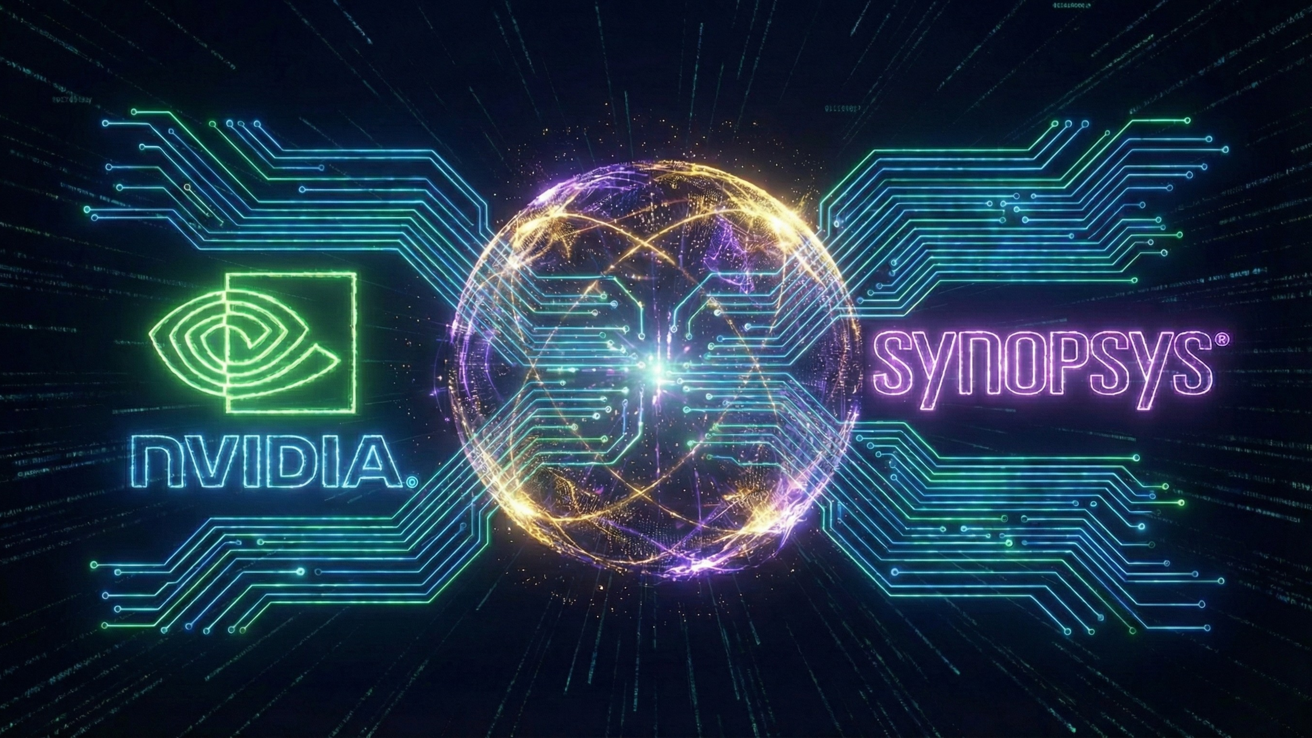 NVIDIA and Synopsys logos connected by a digital chip network.