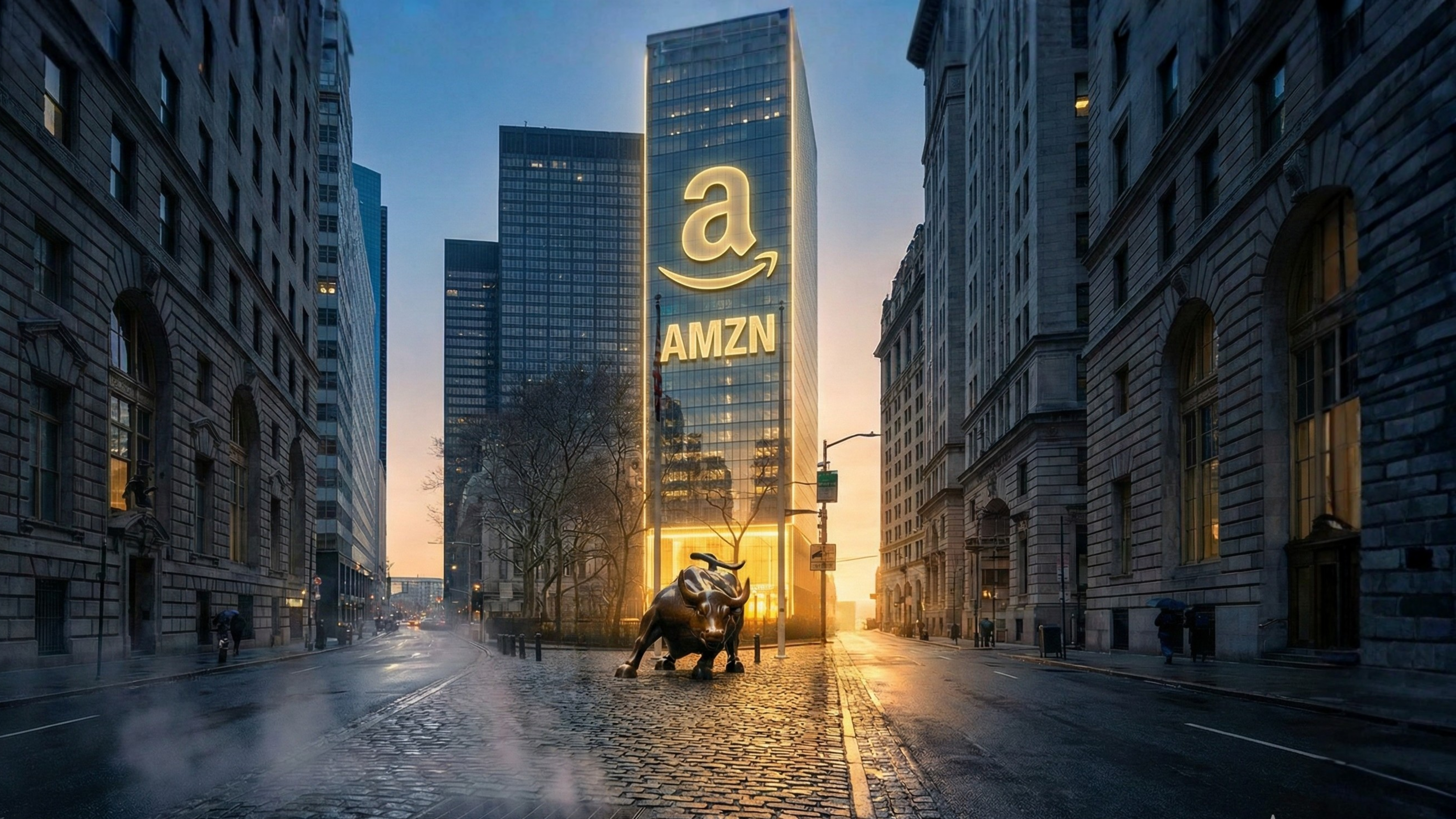 Amazon-branded skyscraper rising behind Wall Street’s Charging Bull.