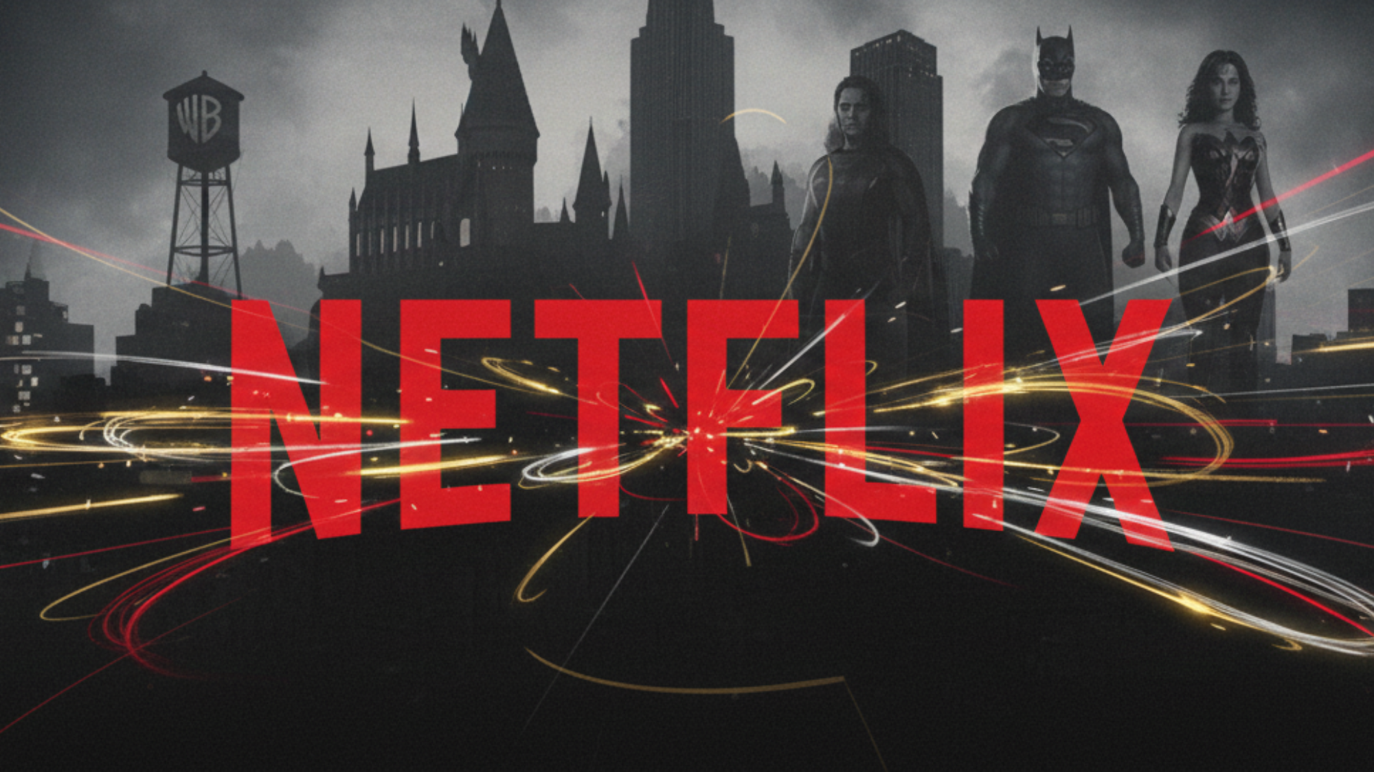 Netflix logo with dramatic cityscape, featuring Warner Bros. icons like Hogwarts and DC superheroes in the background.