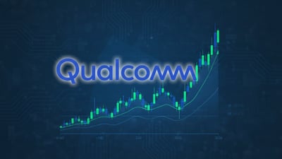 Qualcomm logo positioned in front of rising stock chart.