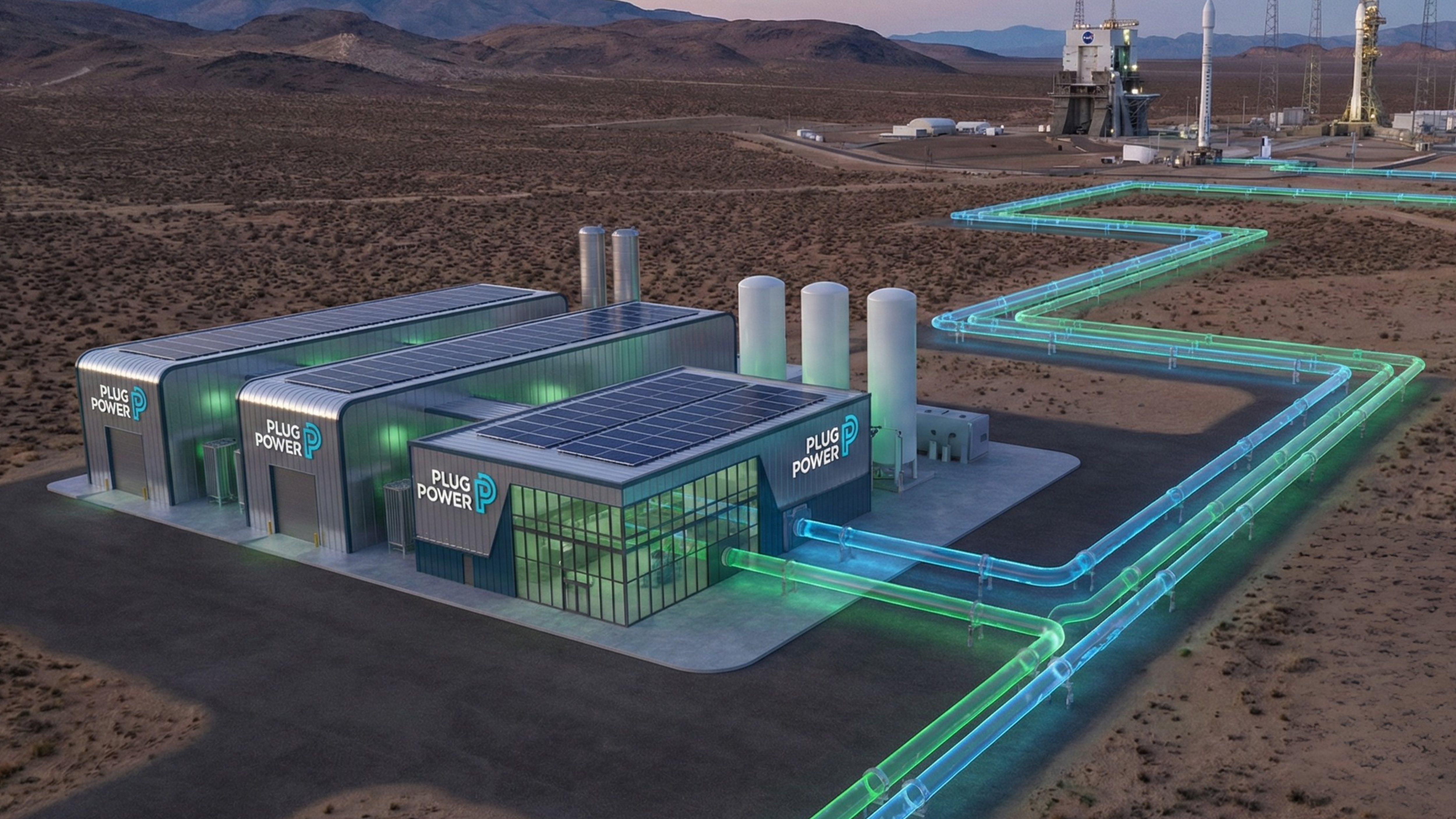 Plug Power hydrogen facility with glowing pipeline network.