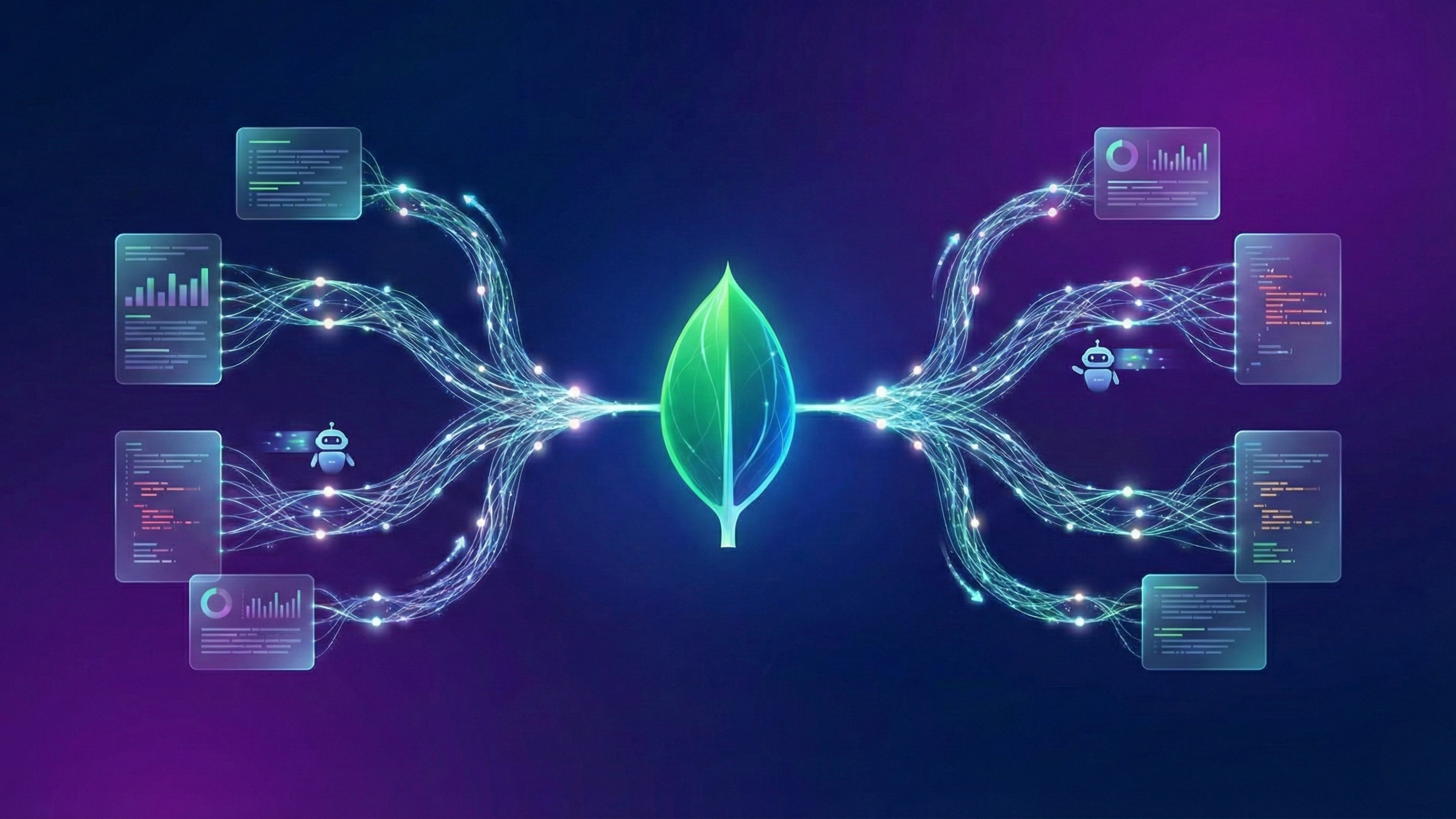 MongoDB leaf logo linked to glowing neural-pathway circuits representing early but rising AI adoption.