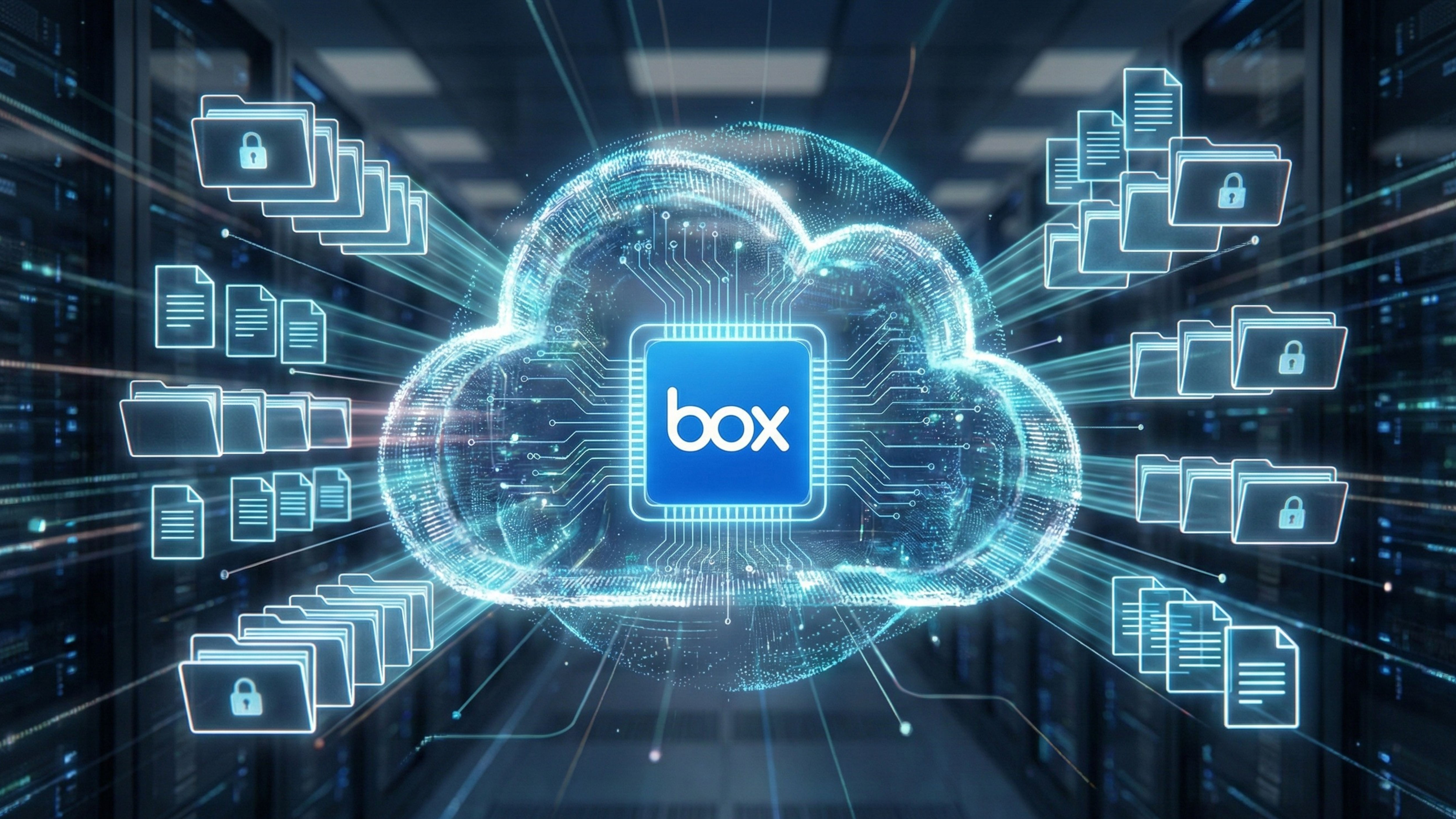 Glowing Box logo in a digital cloud surrounded by organized files, highlighting secure cloud content management.