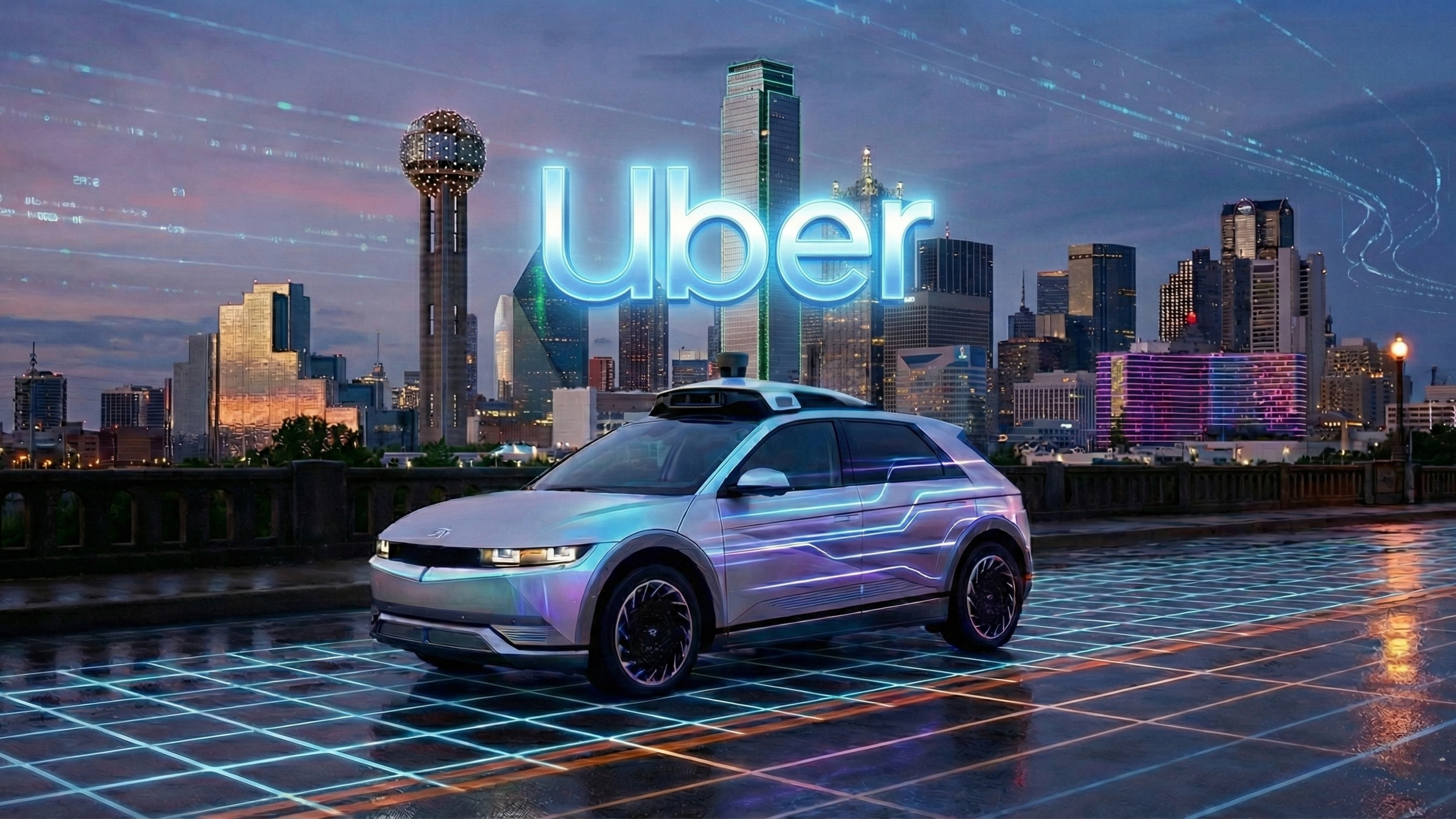 Uber-branded autonomous car in a futuristic city setting.