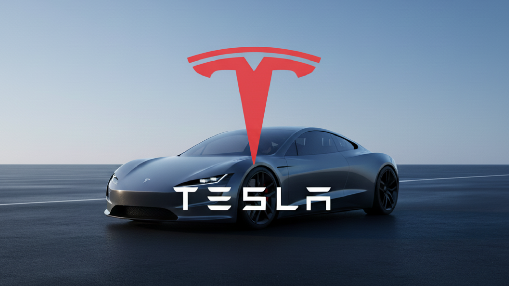 Tesla vehicle with company branding in the foreground.