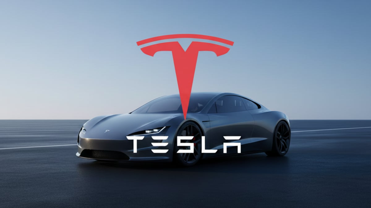 Tesla vehicle with company branding in the foreground.