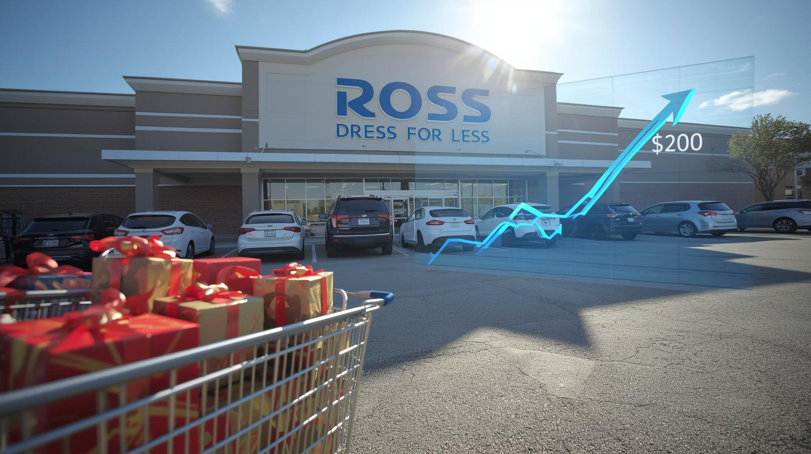 Cart full of holiday gifts outside a Ross store with an upward stock chart highlighting bullish momentum toward a $200 price target.