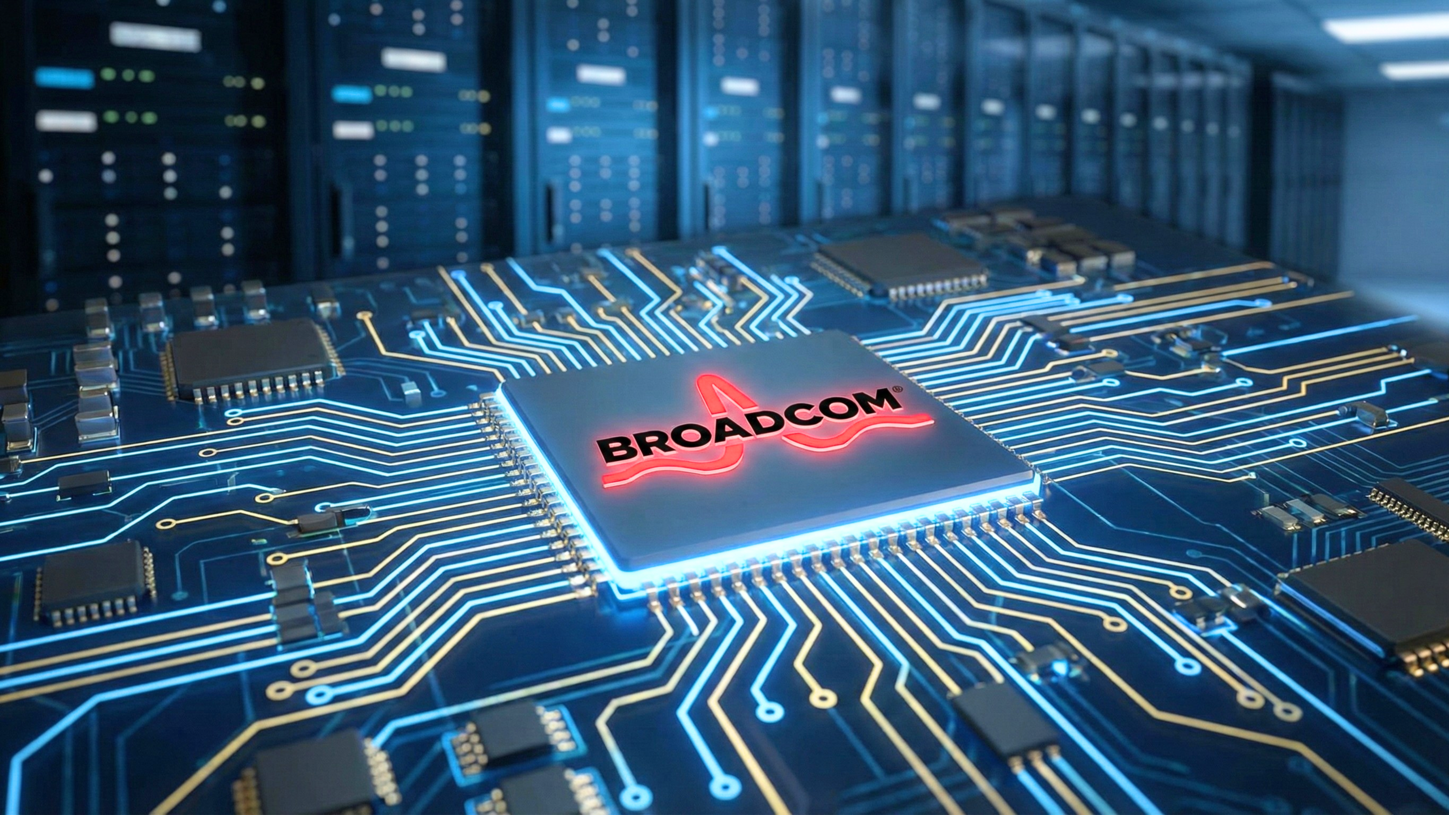Broadcom chip glowing on a circuit board.