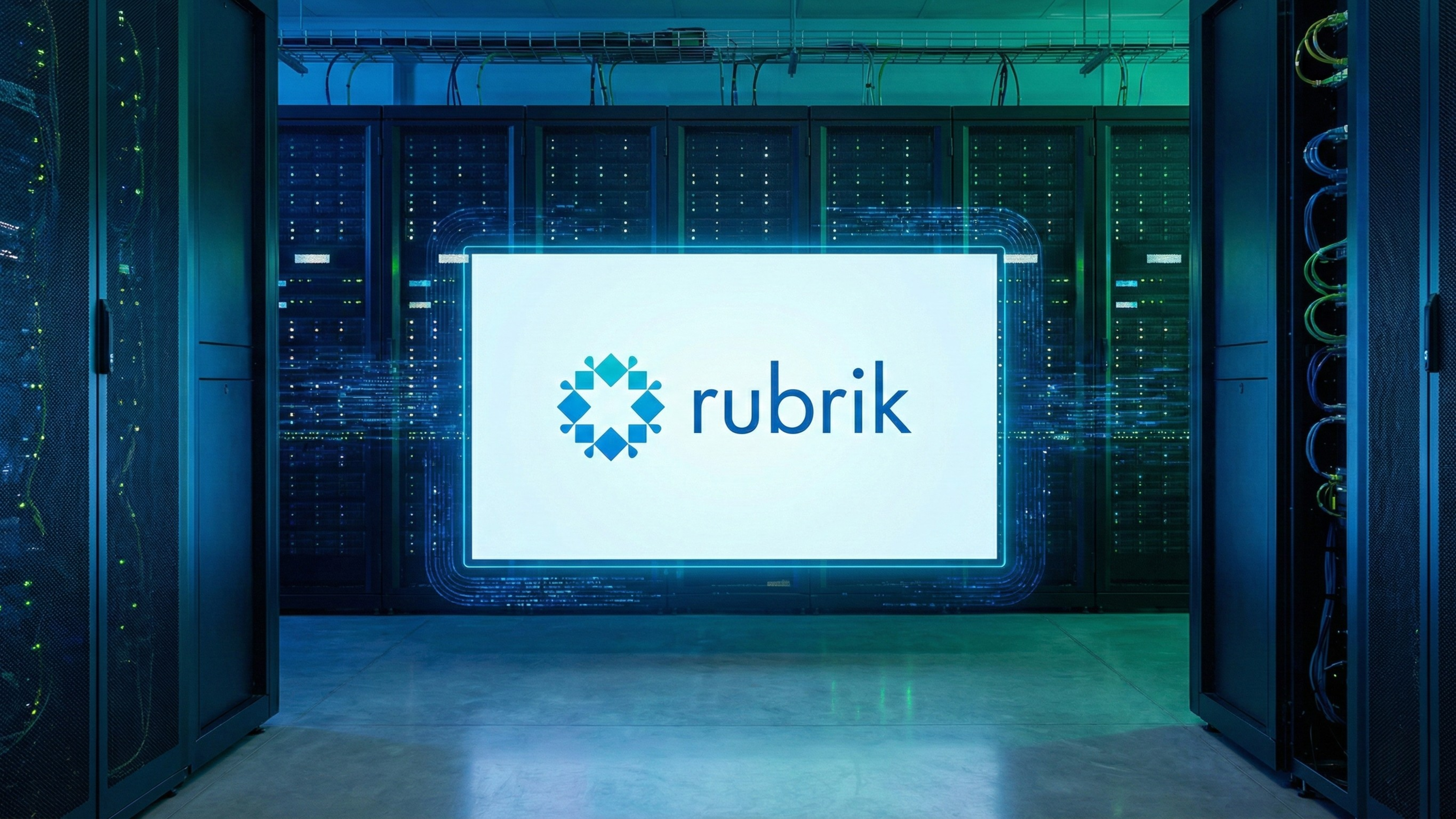 Rubrik logo displayed in a data center.