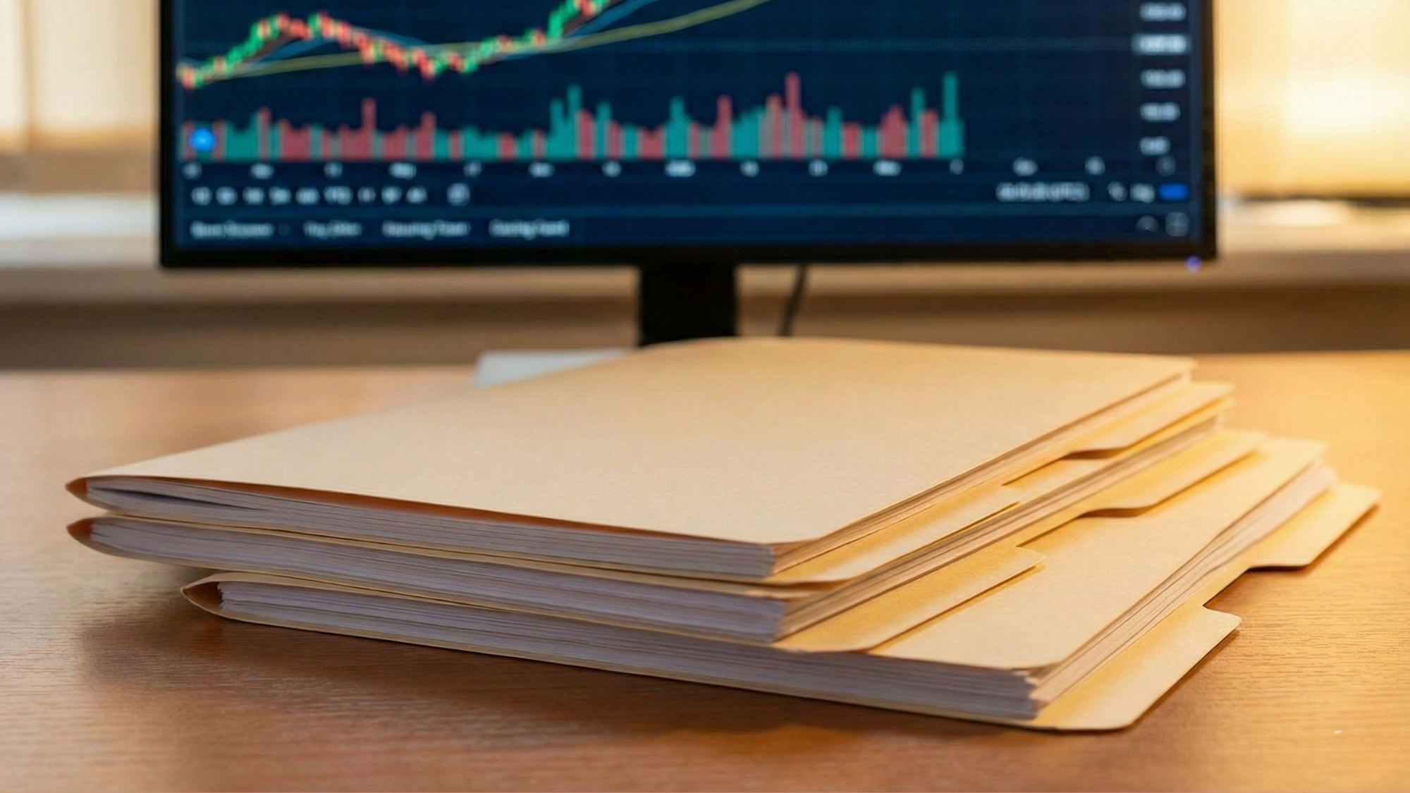 Three manila folders sit on a desk in Wall Street financial analyst's office.