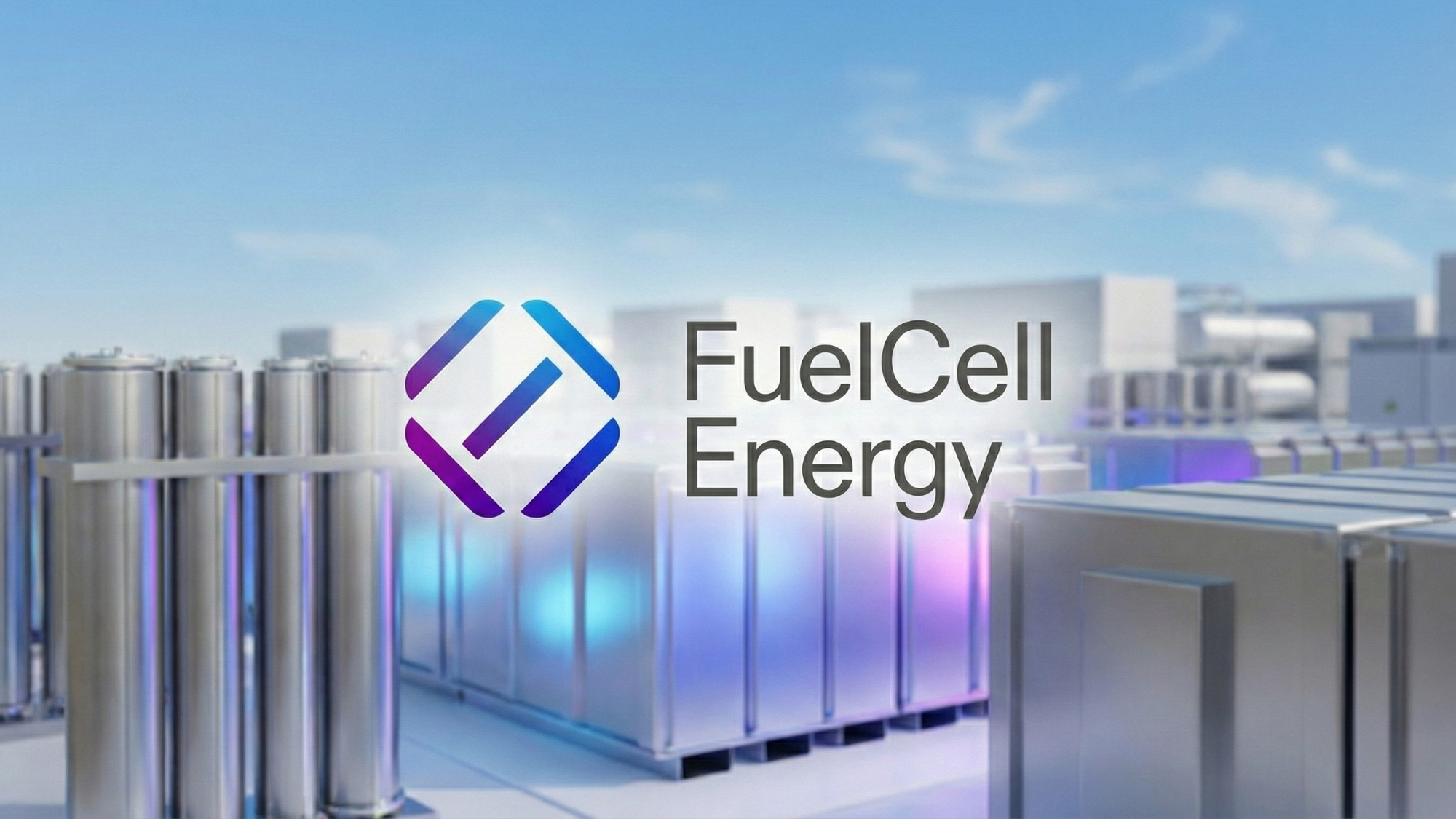 Digital rendering of a clean energy facility with metallic cylindrical tanks and modular fuel cell units, featuring the FuelCell Energy logo in the foreground.