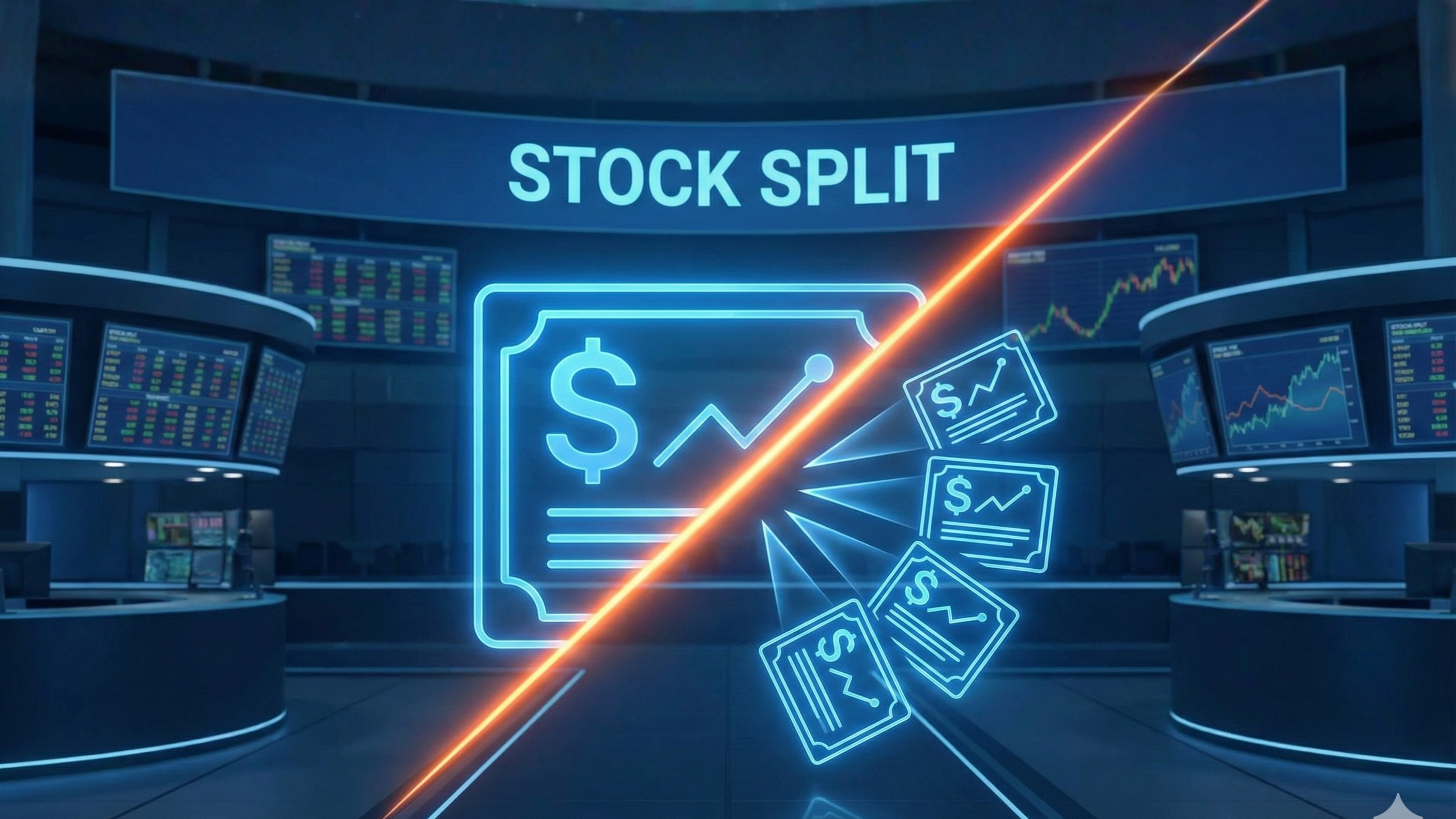 Neon graphic of a stock certificate splitting into multiple shares highlights rising interest in stock-split activity.