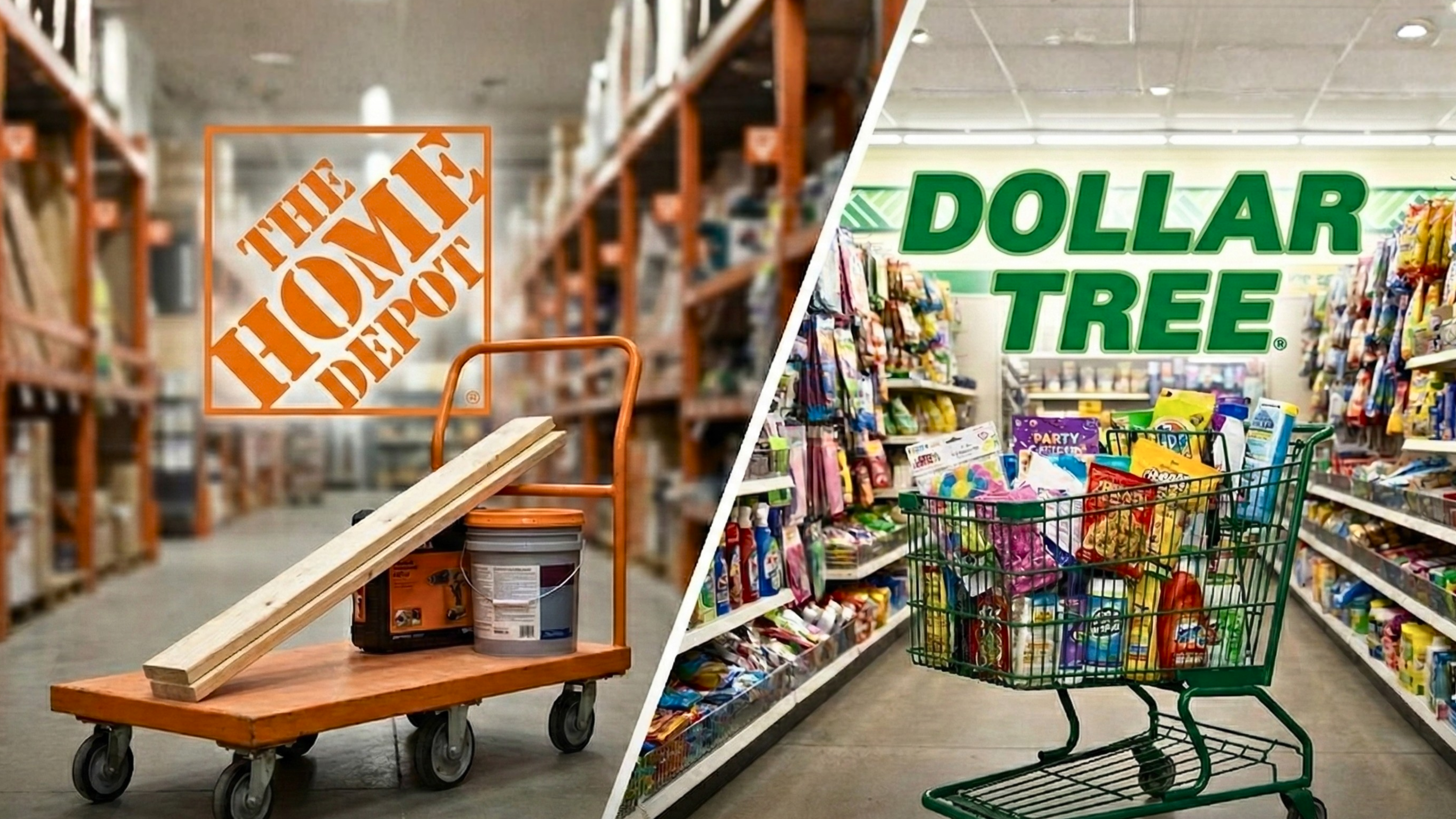 Home Depot and Dollar Tree scenes highlight contrasting consumer spending trends.