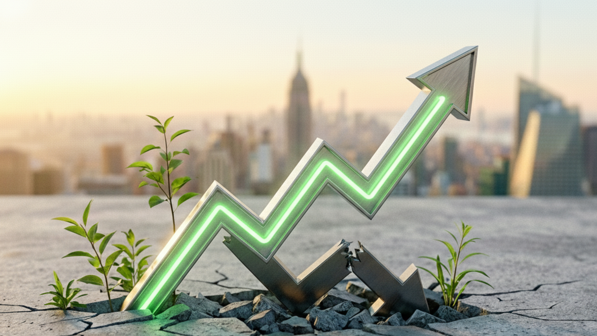 Green arrow shoots up against city skyline, symbolizing rebound potential for certain undervalued stocks.