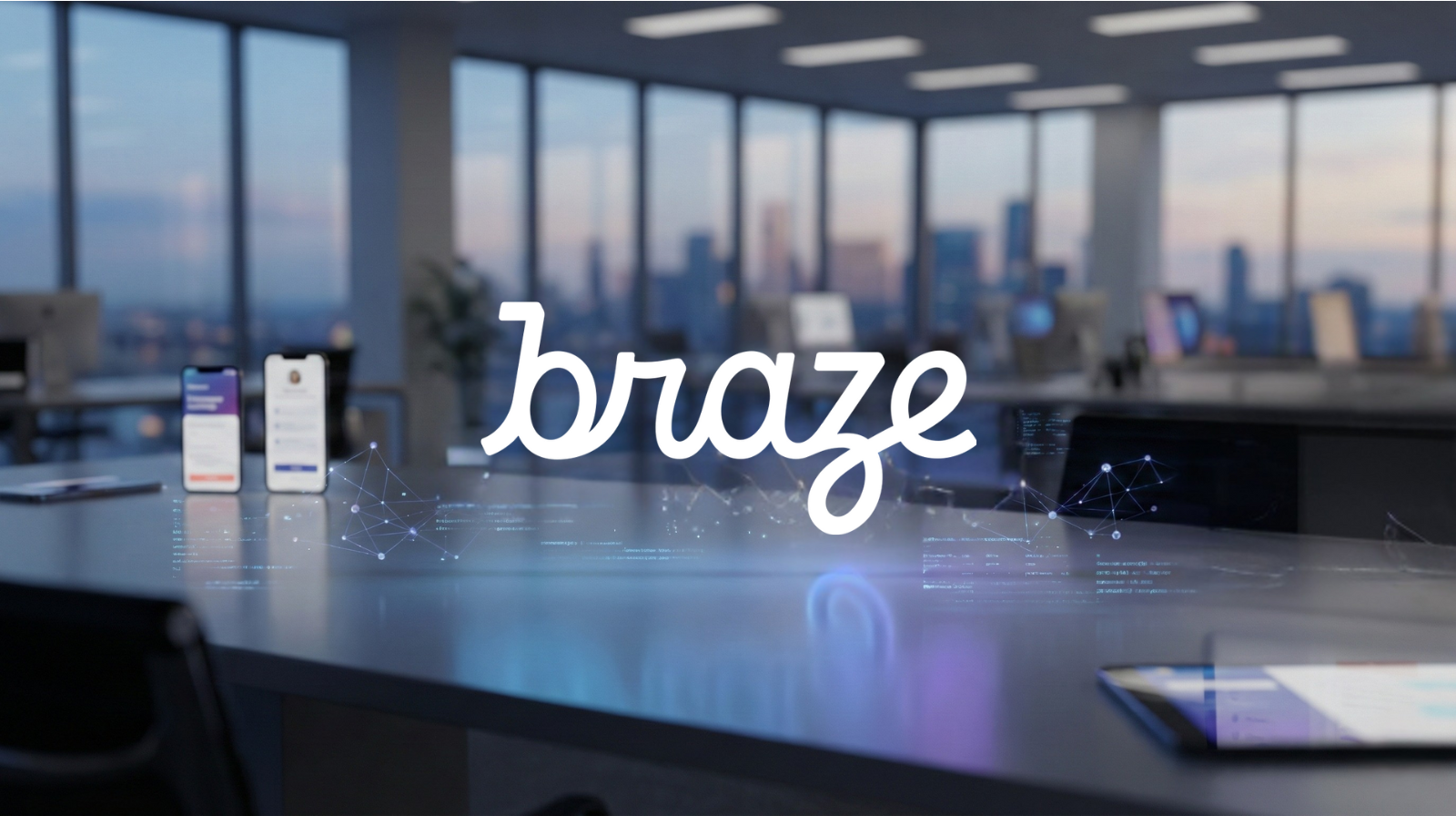 Braze logo appears in a modern office with mobile apps and data graphics, underscoring bullish momentum from strong Q3 results and AI-driven growth.