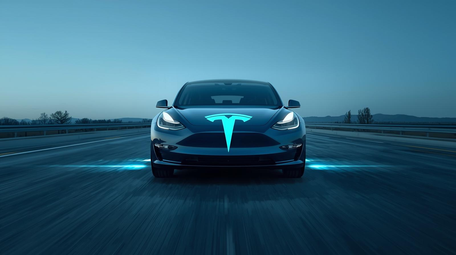 Front-facing Tesla driving on an open highway with illuminated blue autopilot lines underscoring bullish momentum toward a potential $500 stock target.
