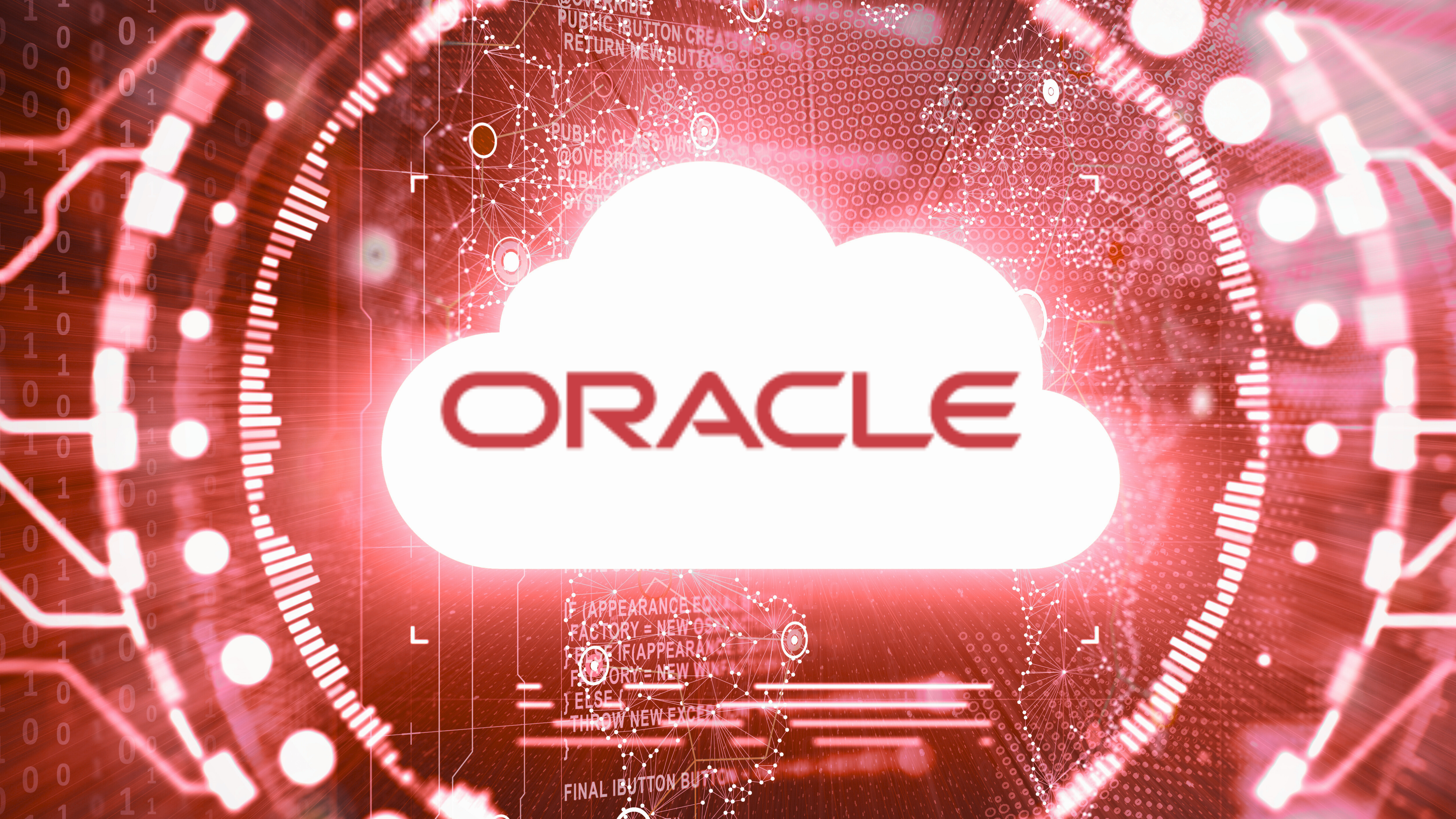 Oracle cloud logo on a red, futuristic digital background representing cloud and data infrastructure.