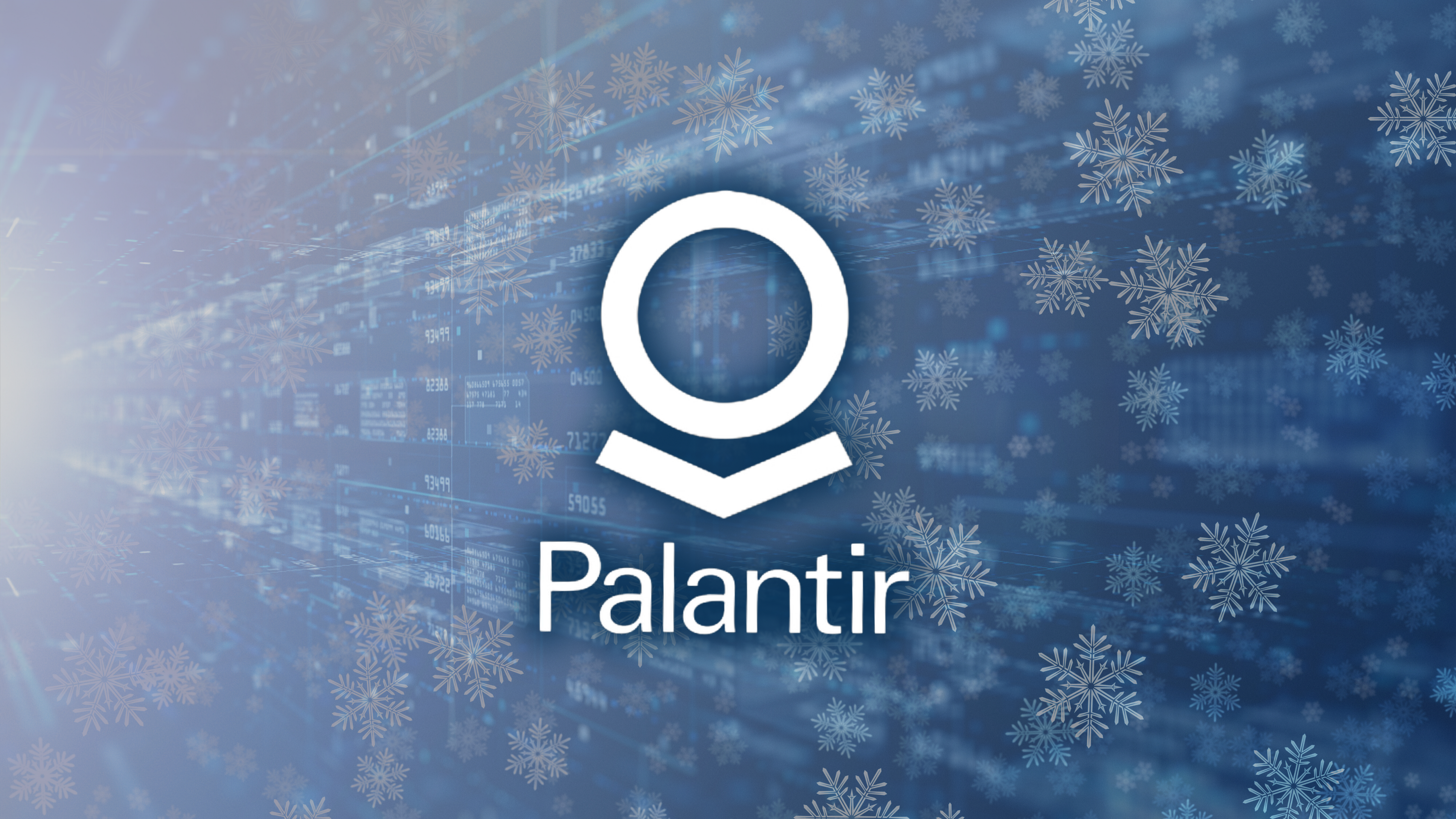 Palantir logo over a blue, data-themed background with light snowflake overlays.