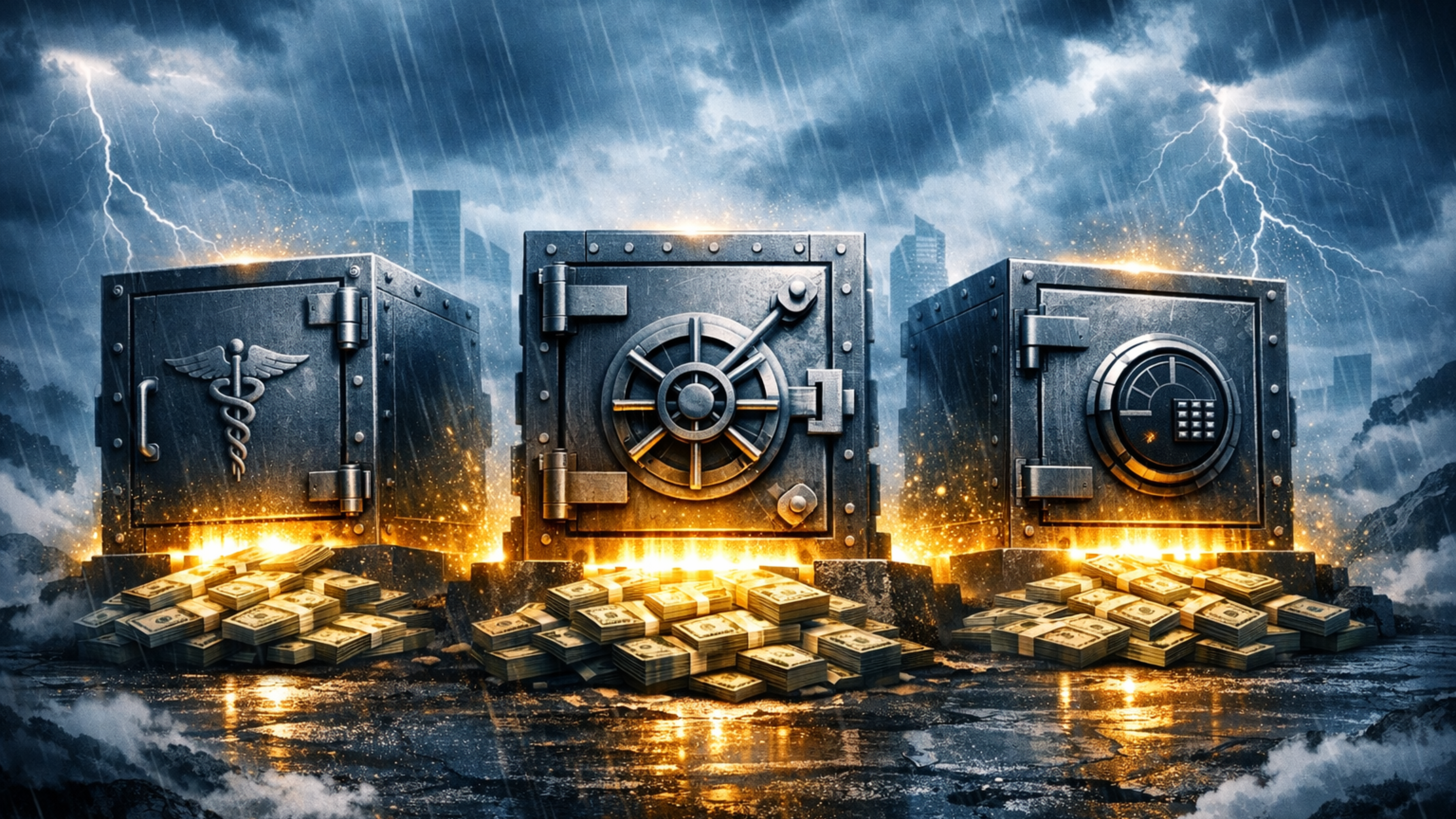 Three storm-lit steel safes sit in the rain with glowing stacks of cash at their base.