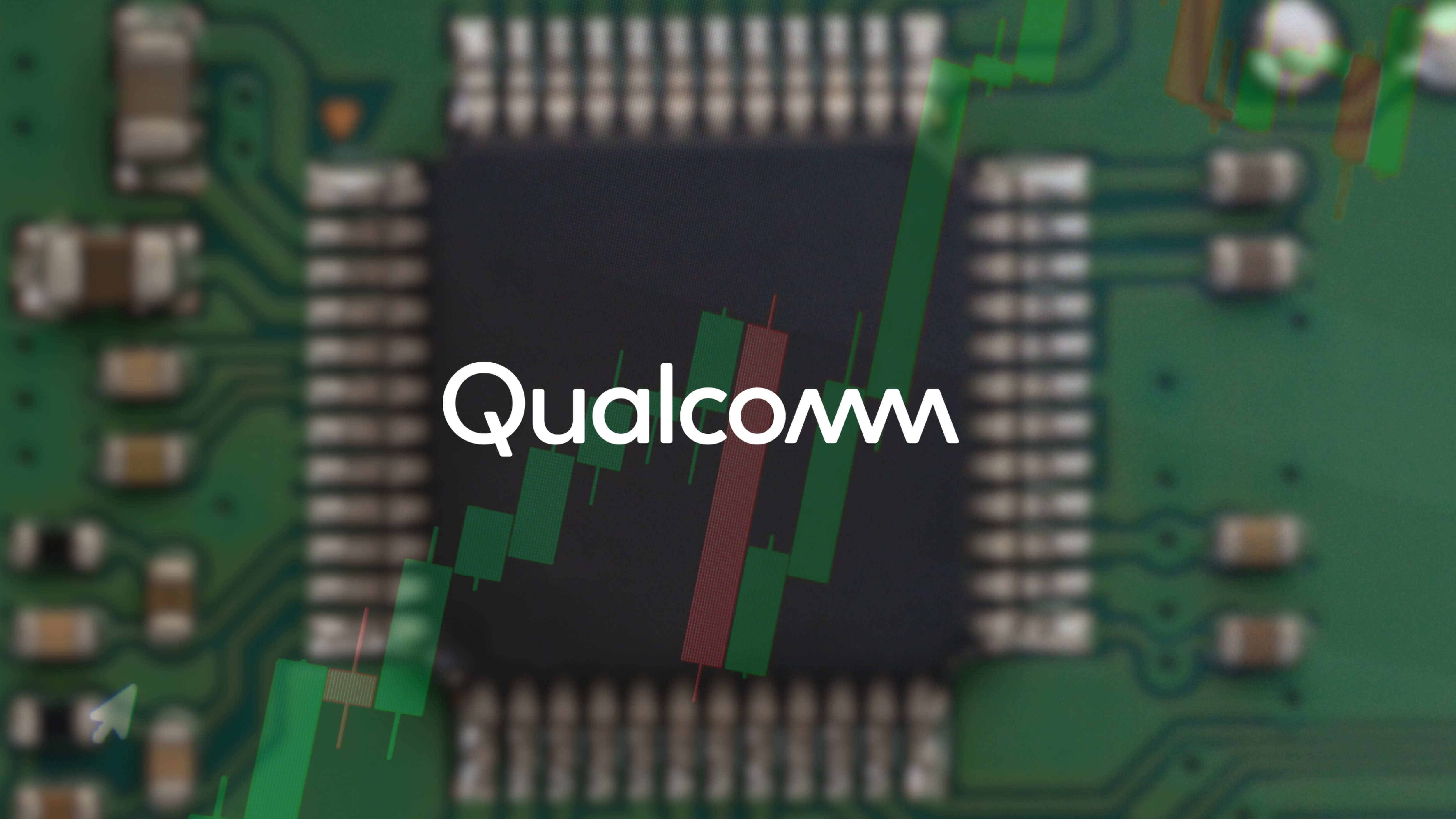 Qualcomm logo over a blurred microchip with rising candlestick stock charts.