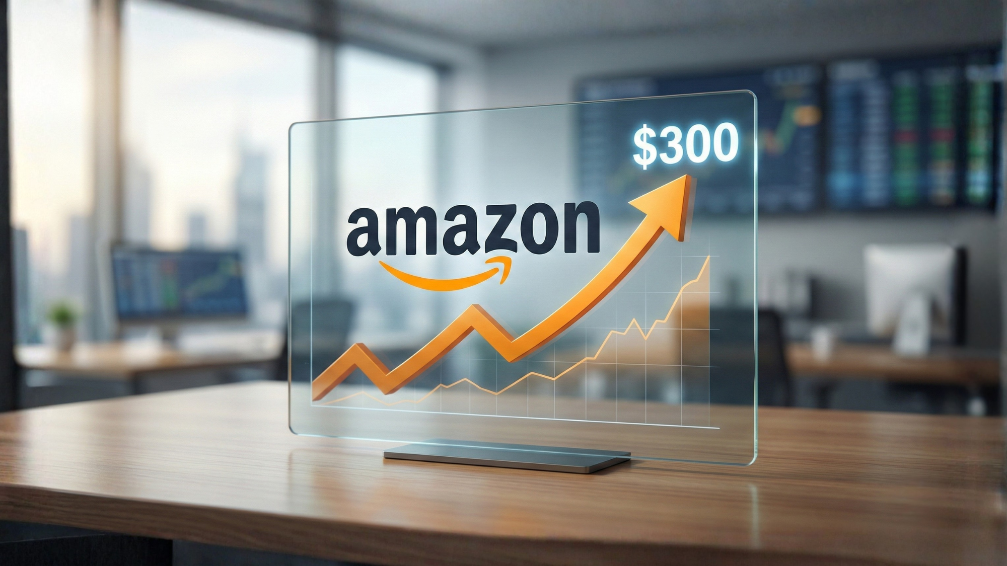 Amazon stock forecast graphic showing a sharp upward trend and $300 target highlighting bullish momentum and strong fundamentals.