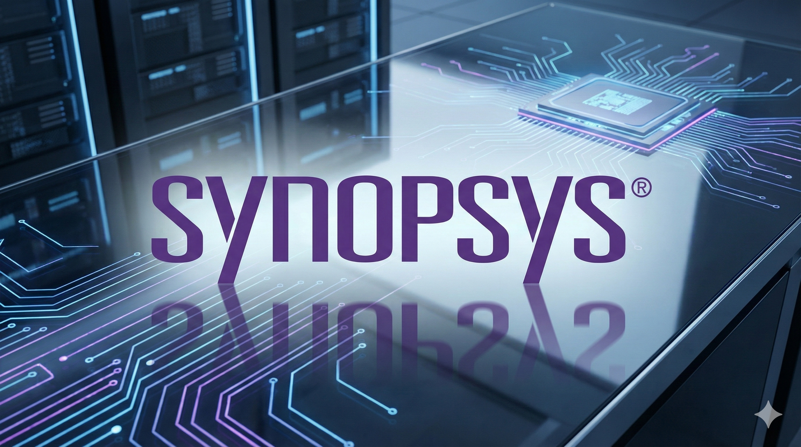 A glass-top table displaying a glowing microchip circuit pattern with the Synopsys logo centered, set against a background of server racks.