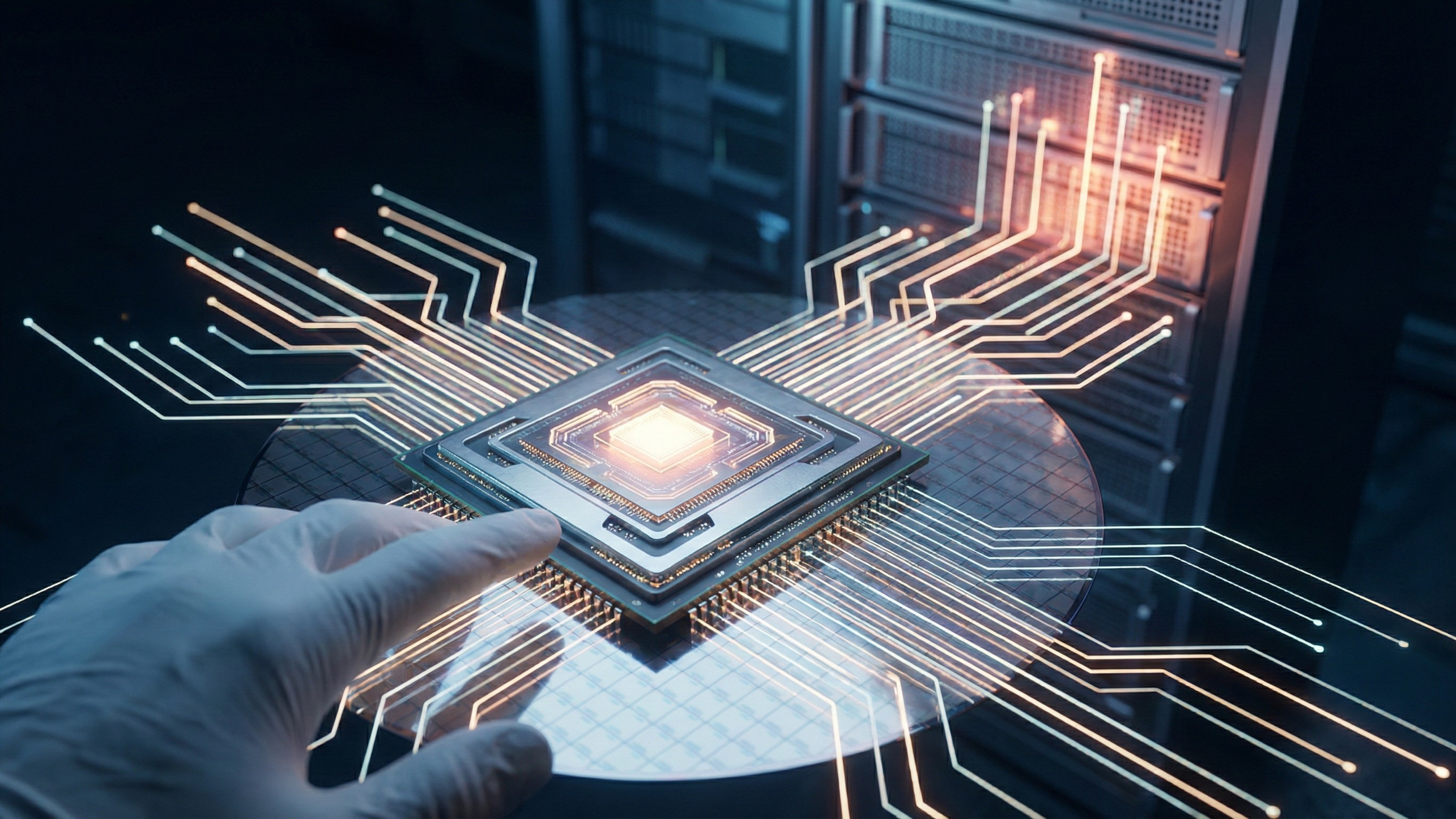 Gloved hand reaching toward a glowing microchip on a wafer with illuminated circuit lines.