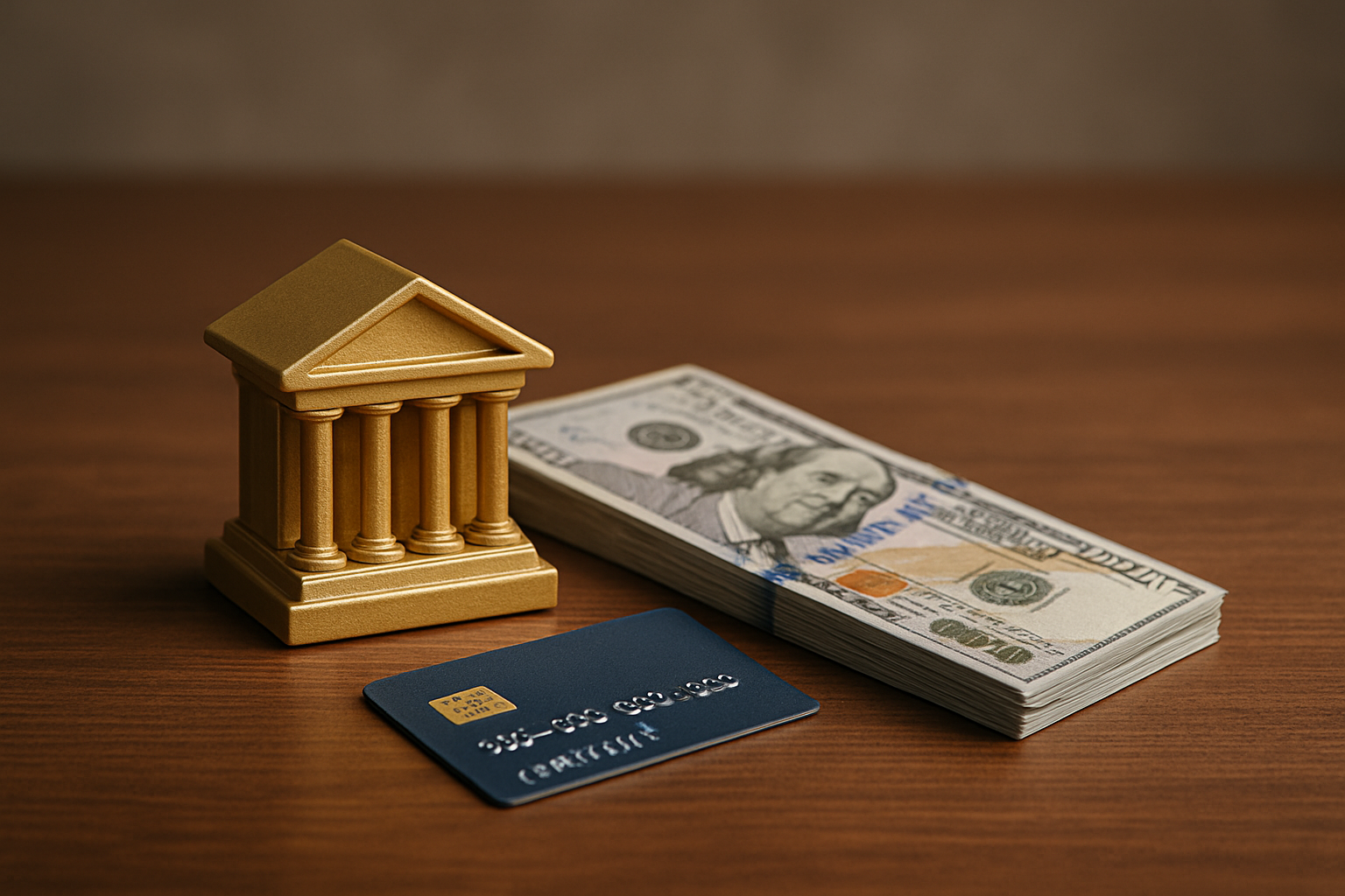A credit card, bills, and other symbols representative of the banking industry.