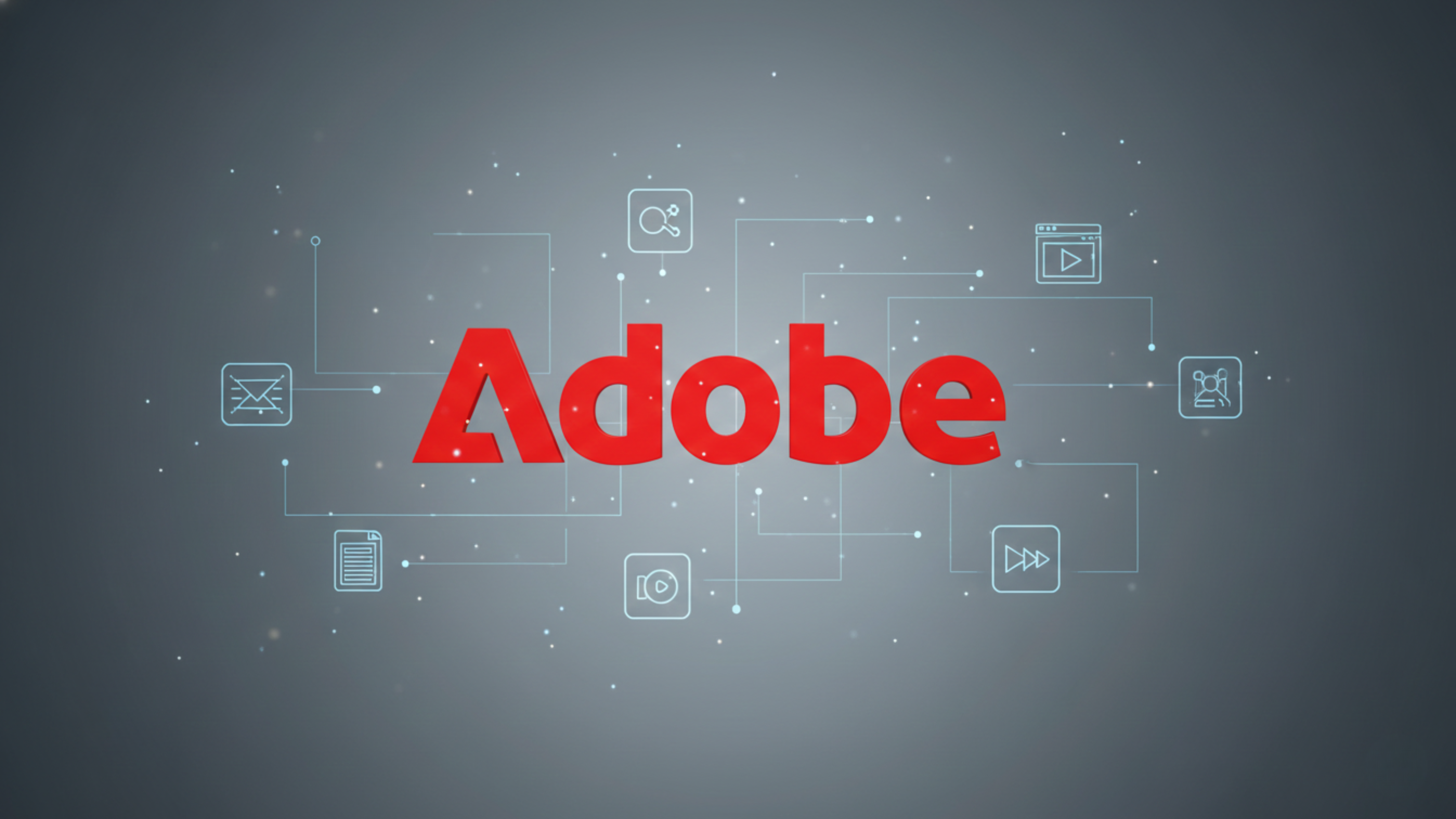 Adobe logo centered with glowing icons representing creative and digital tools around it.