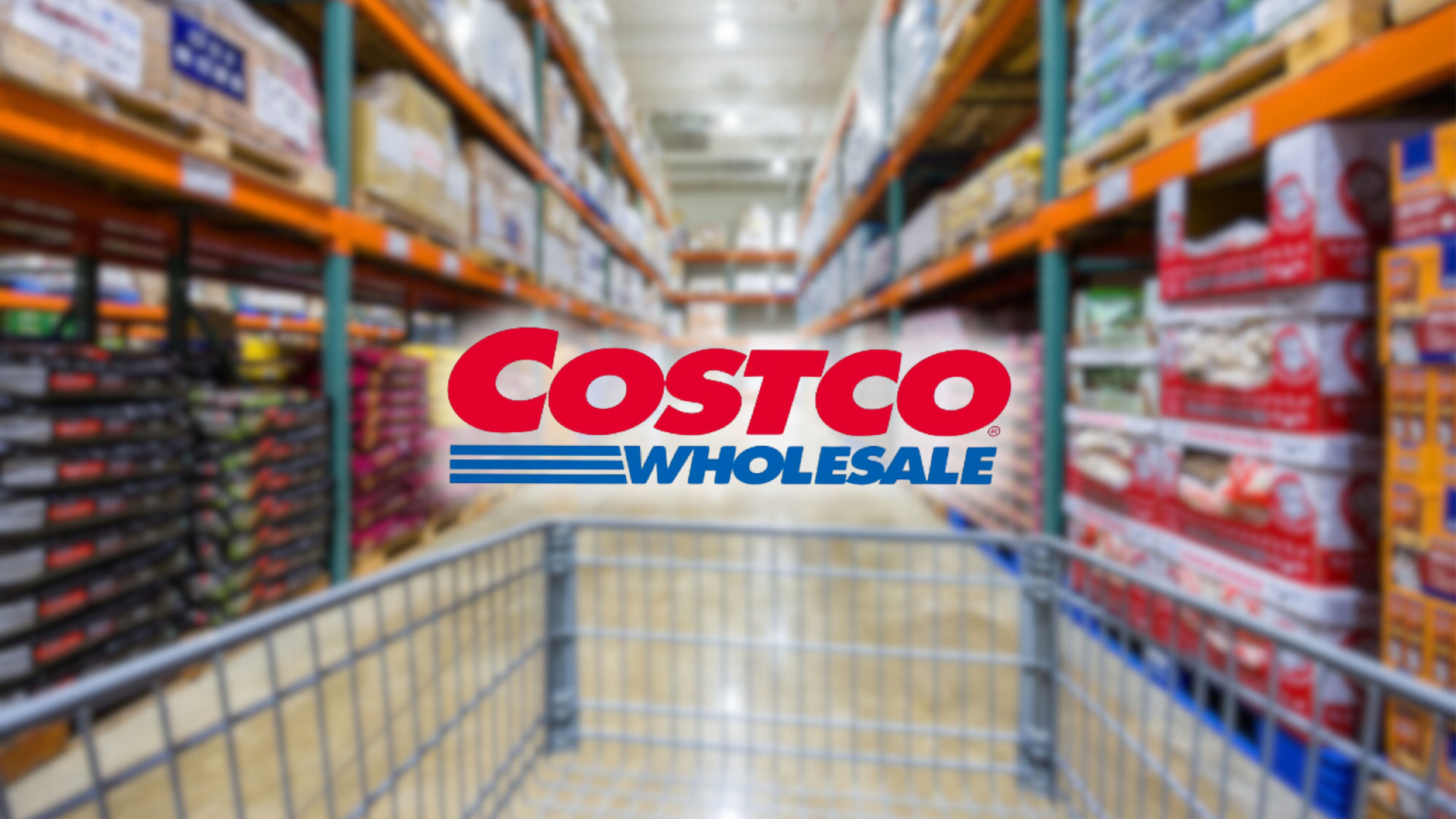 Costco logo over a blurred warehouse aisle with a shopping cart in the foreground.